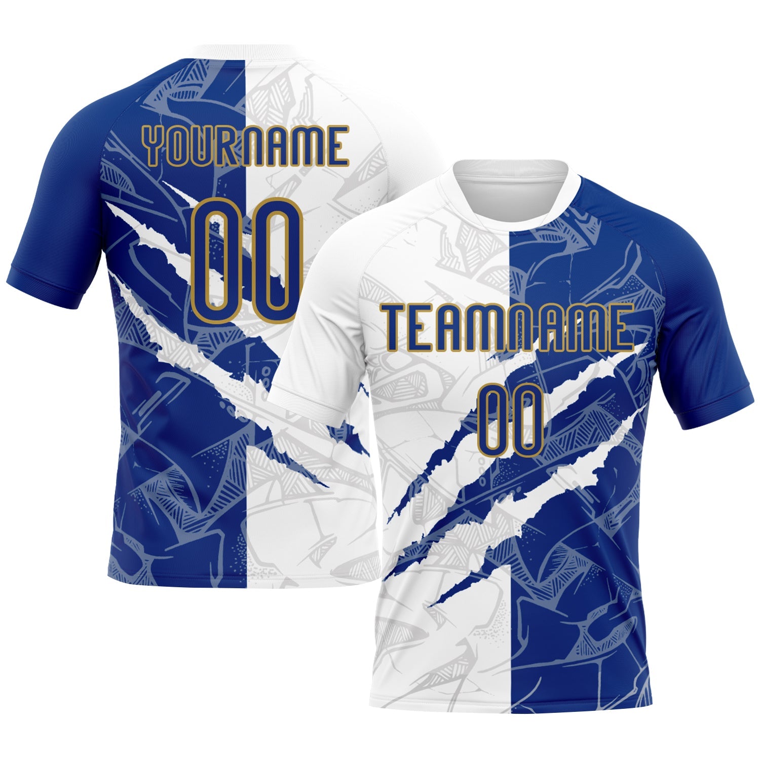 Custom Graffiti Pattern Royal-Old Gold Scratch Sublimation Volleyball Uniform Jersey - Main View