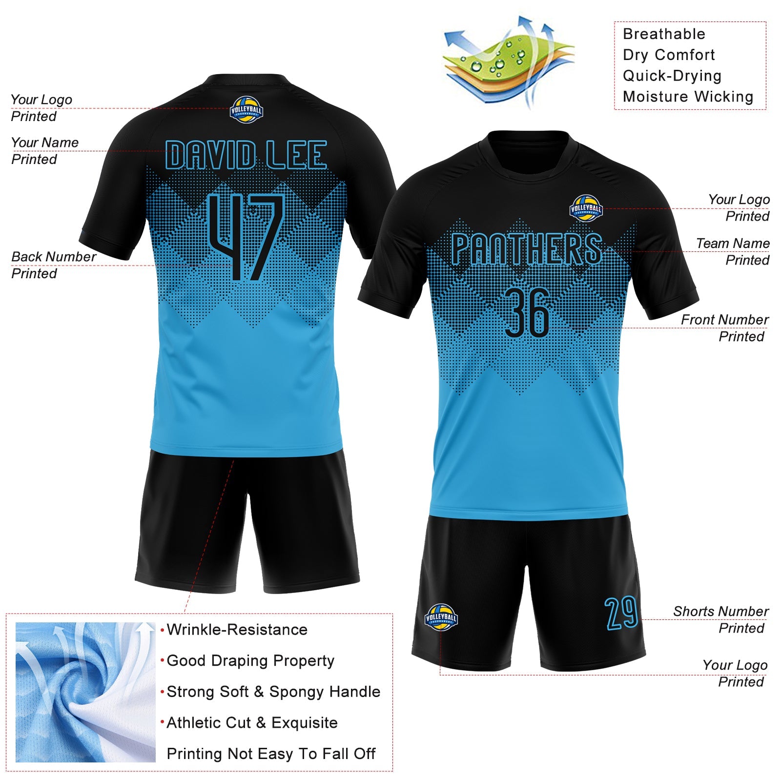 Custom Sky Blue Black Geometric Shape Sublimation Volleyball Uniform Jersey view 4