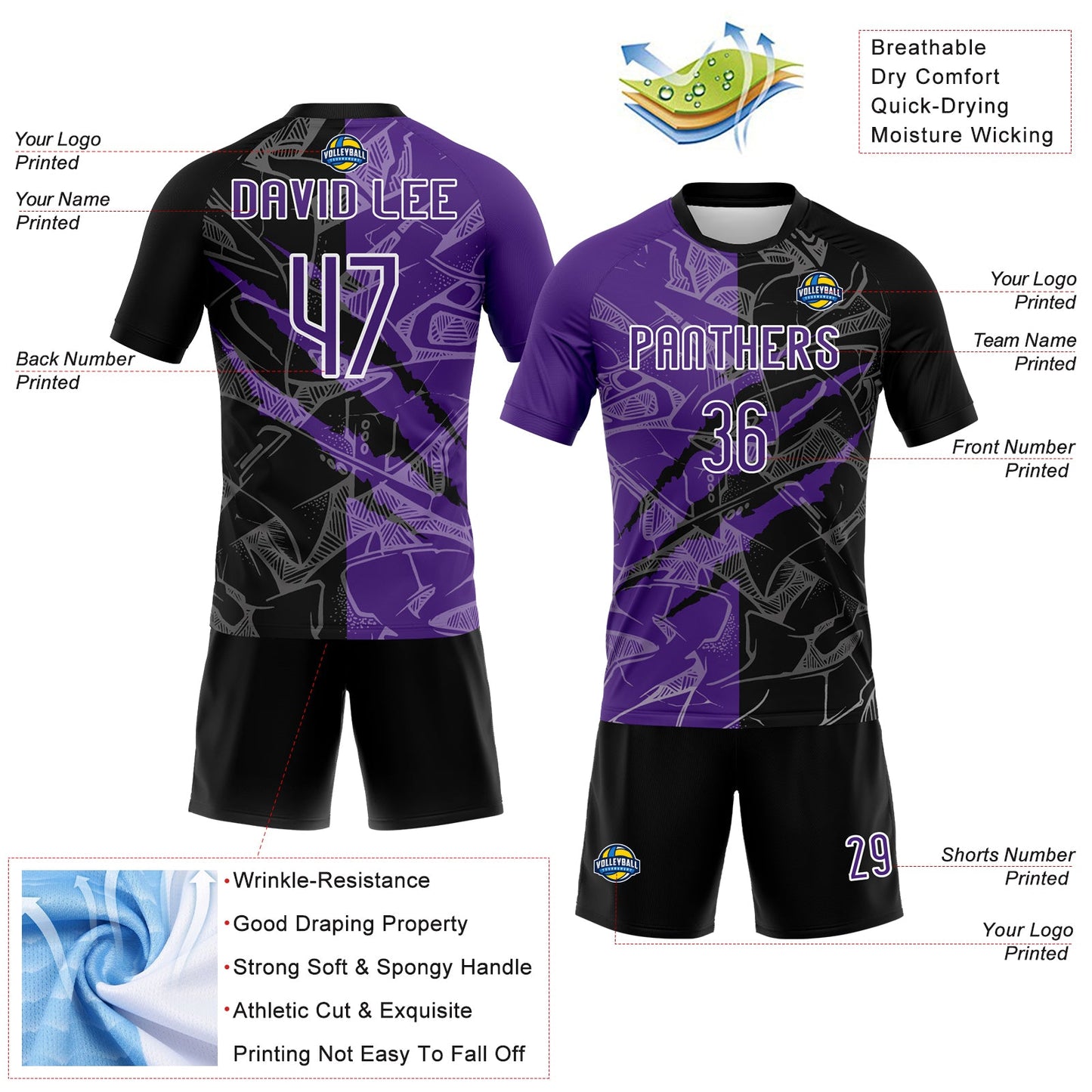 Custom Graffiti Pattern Purple-Black Scratch Sublimation Volleyball Uniform Jersey view 4