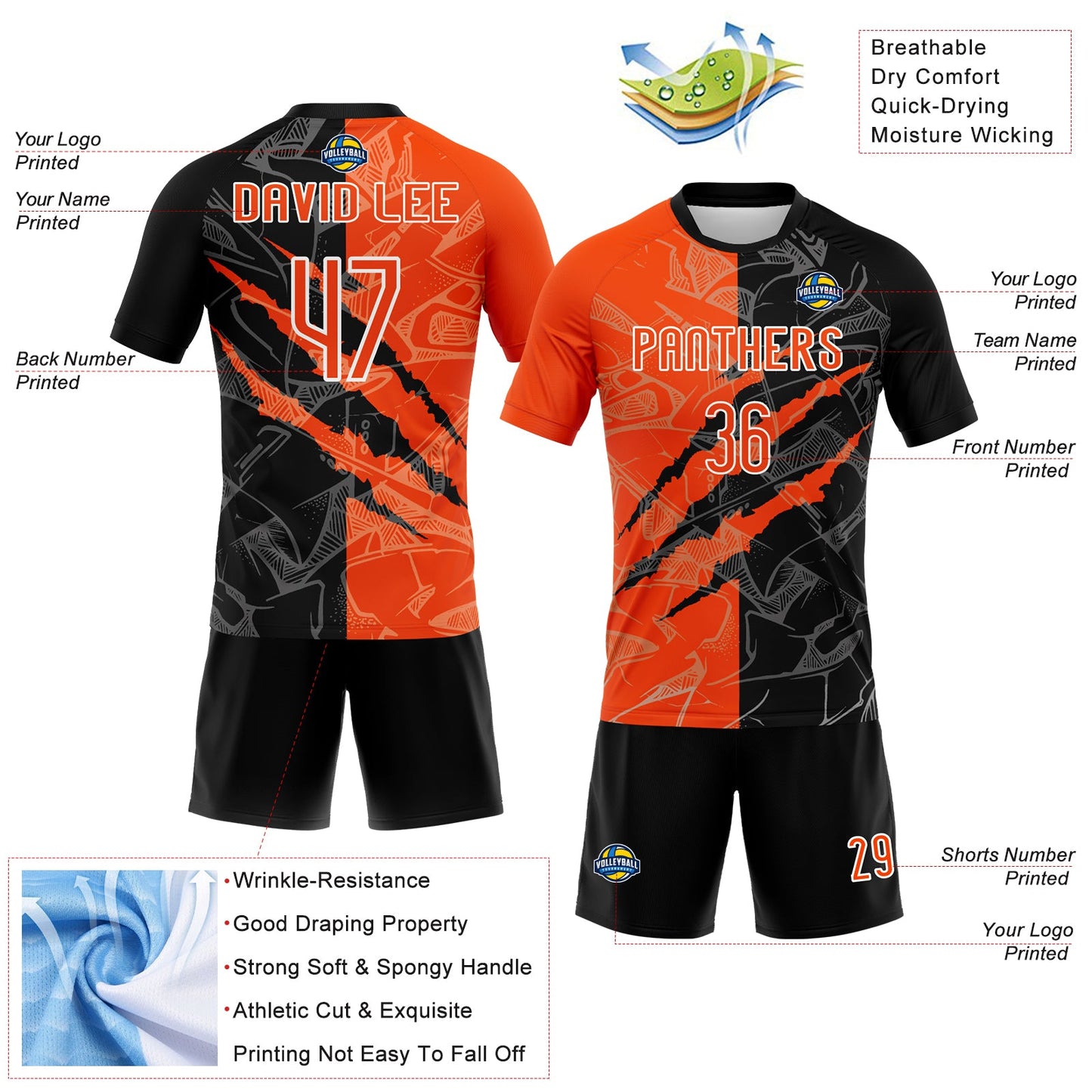Custom Graffiti Pattern Orange-Black Scratch Sublimation Volleyball Uniform Jersey view 4
