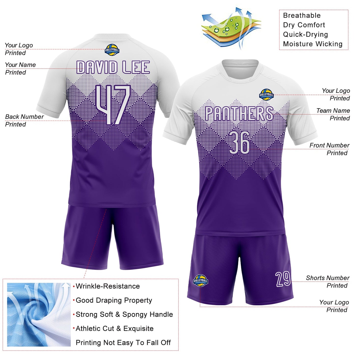 Custom Purple White Geometric Shape Sublimation Volleyball Uniform Jersey view 4