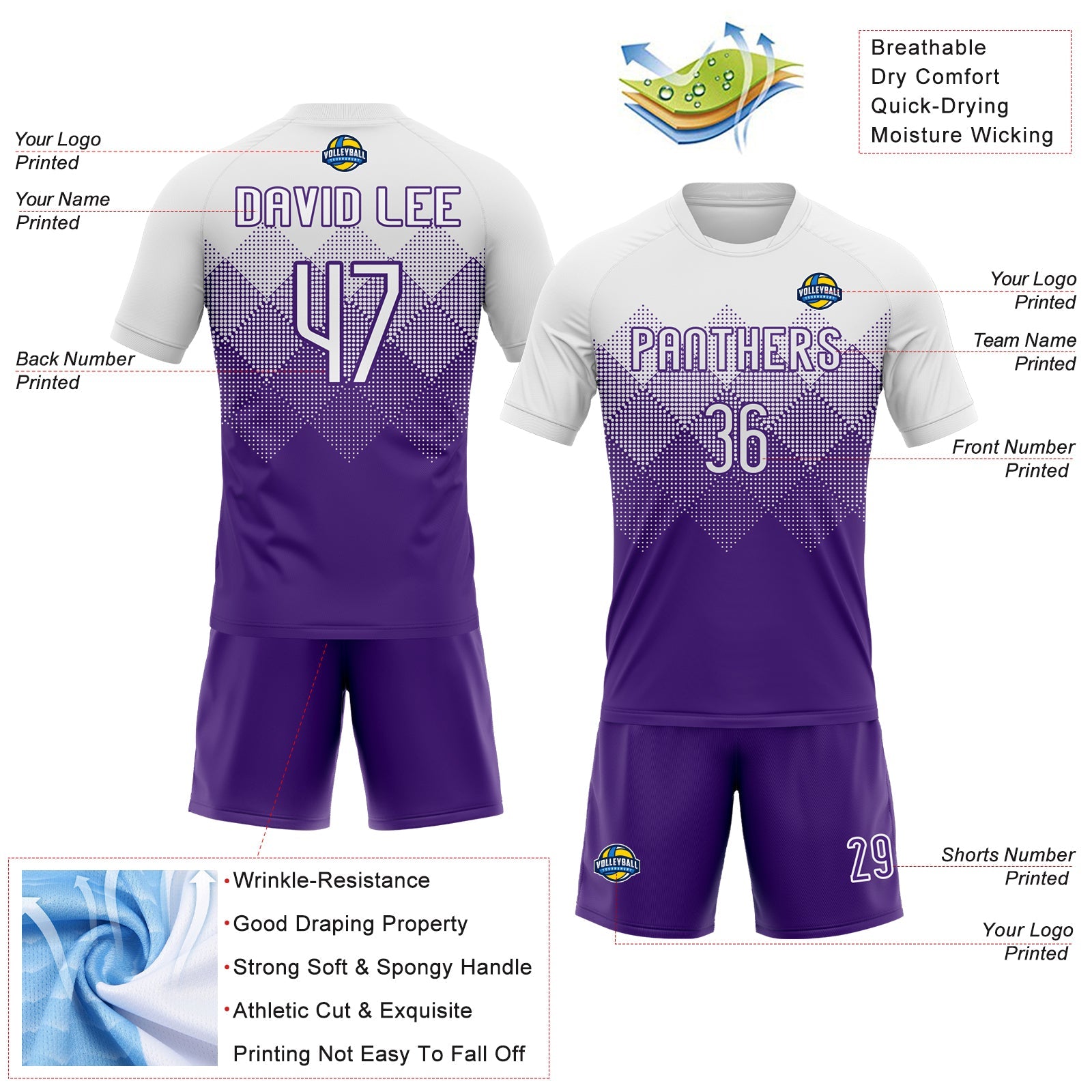Custom Purple White Geometric Shape Sublimation Volleyball Uniform Jersey view 4