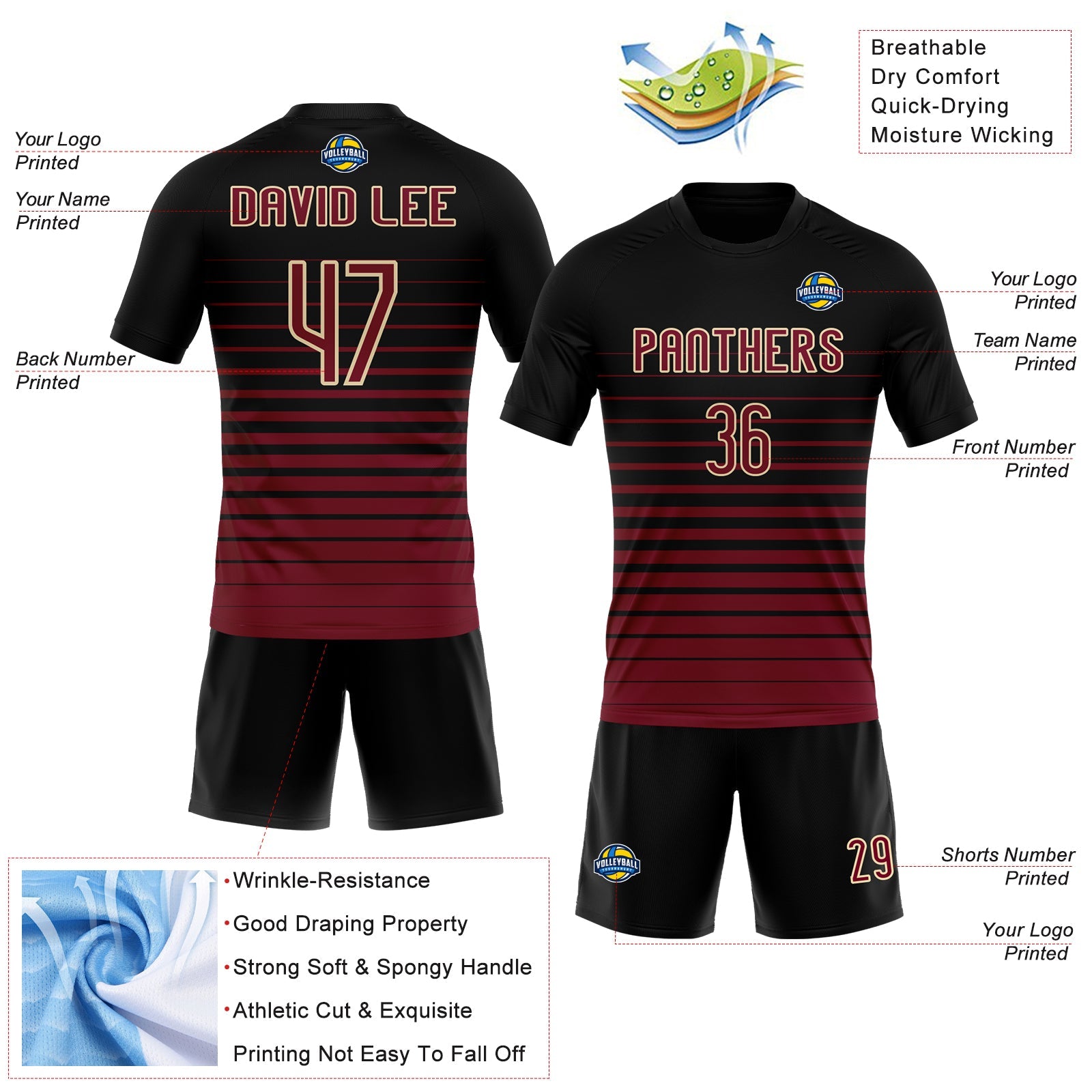 Custom Black Maroon-Cream Pinstripe Fade Fashion Sublimation Volleyball Uniform Jersey view 4