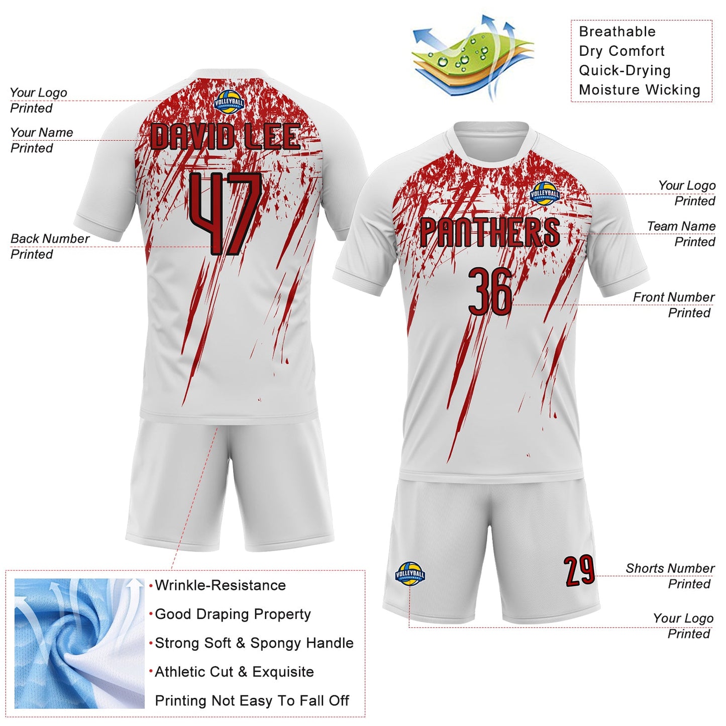 Custom White Red-Black Splash Sublimation Volleyball Uniform Jersey view 4