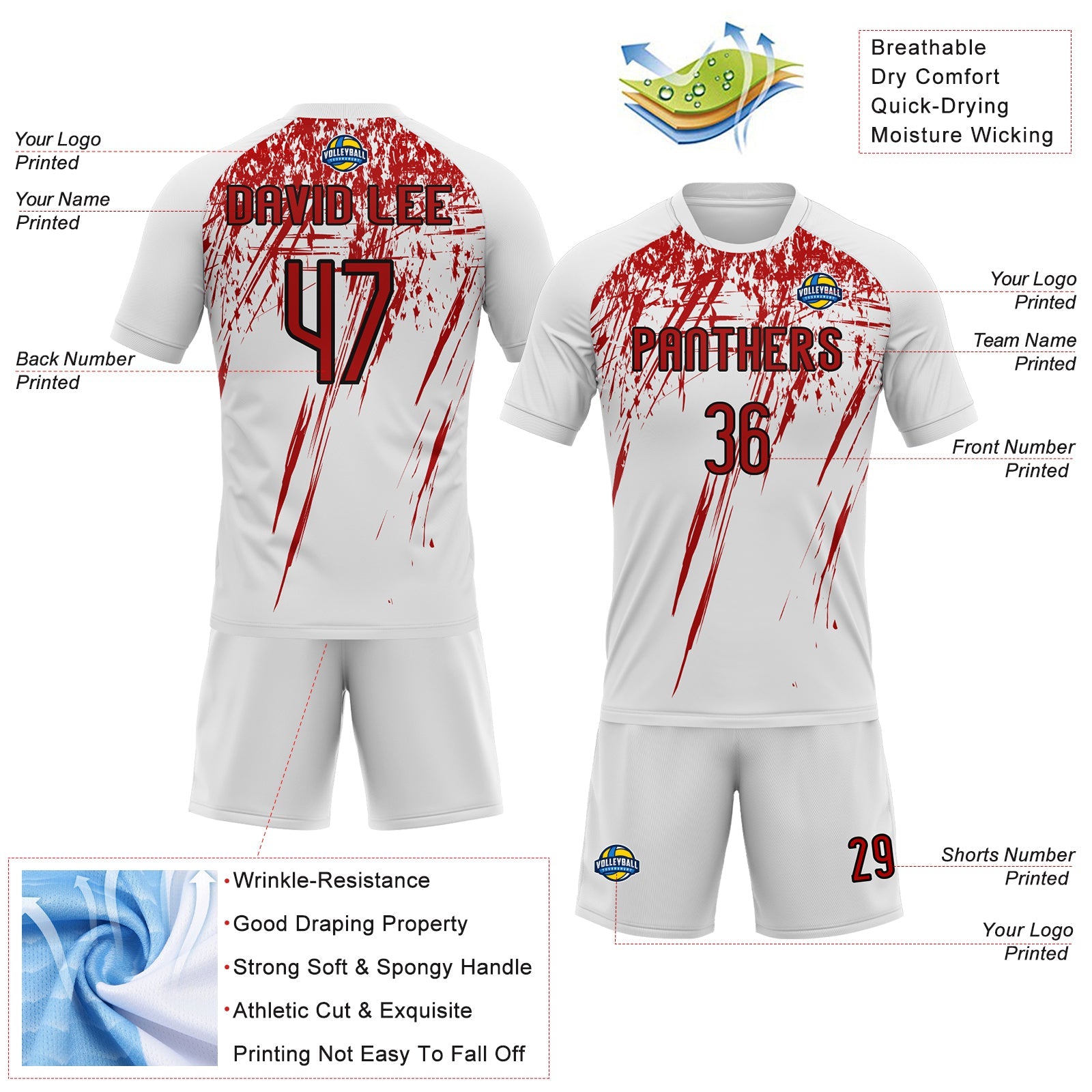 Custom White Red-Black Splash Sublimation Volleyball Uniform Jersey view 4