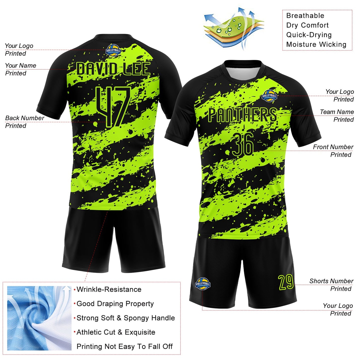 Custom Black Neon Green Splash Sublimation Volleyball Uniform Jersey view 4