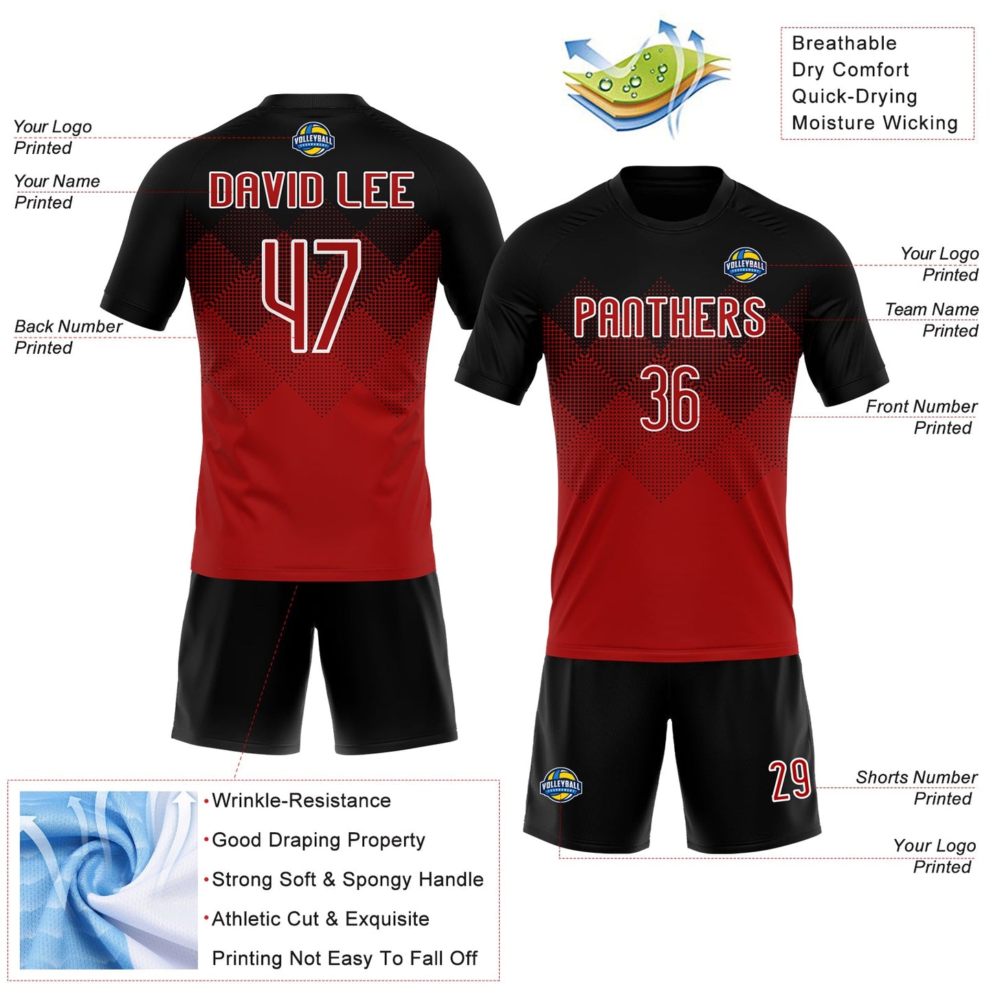 Custom Red Black-White Geometric Shape Sublimation Volleyball Uniform Jersey view 4