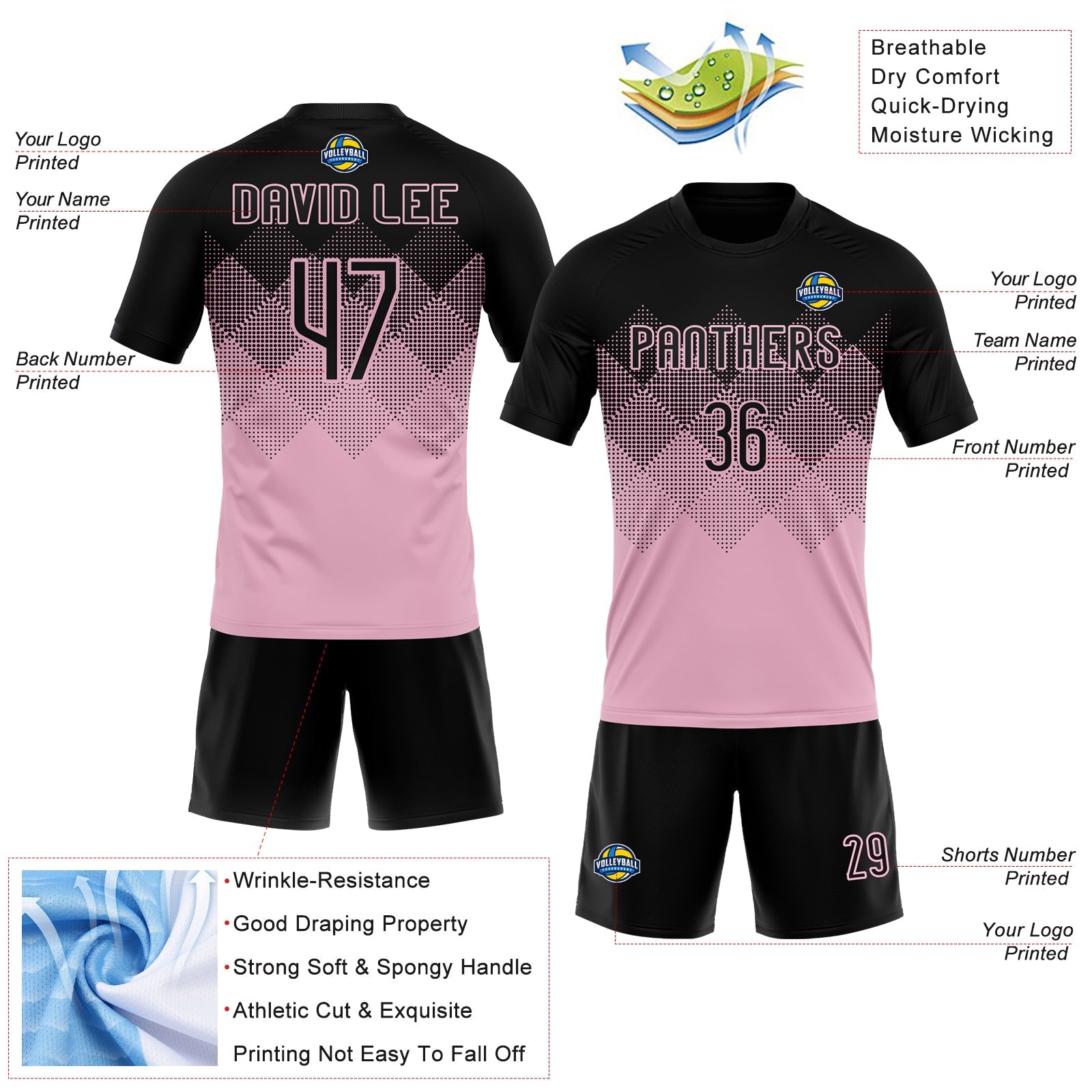 Custom Light Pink Black Geometric Shape Sublimation Volleyball Uniform Jersey view 4