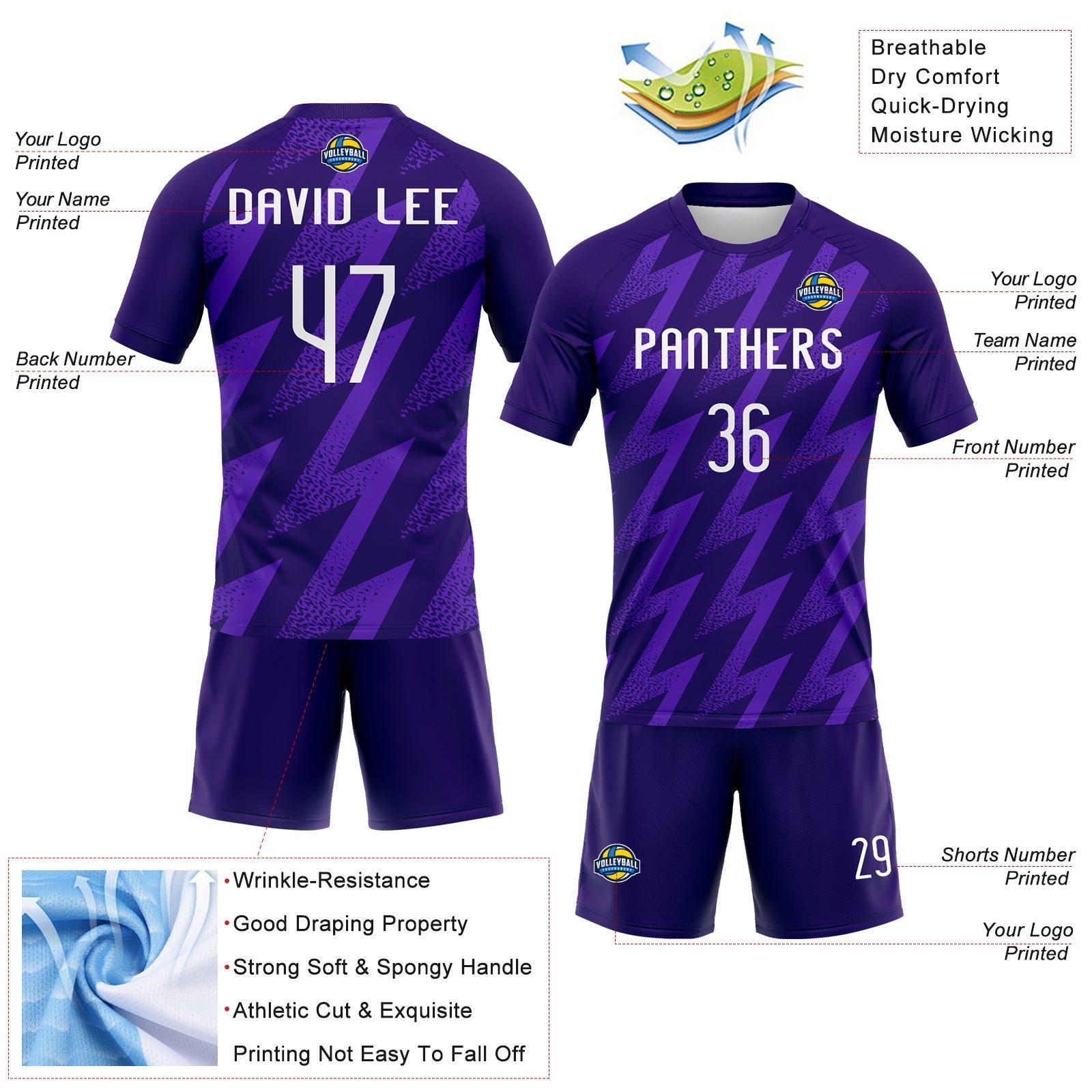 Custom Purple White Zigzag Shape Sublimation Volleyball Uniform Jersey view 4
