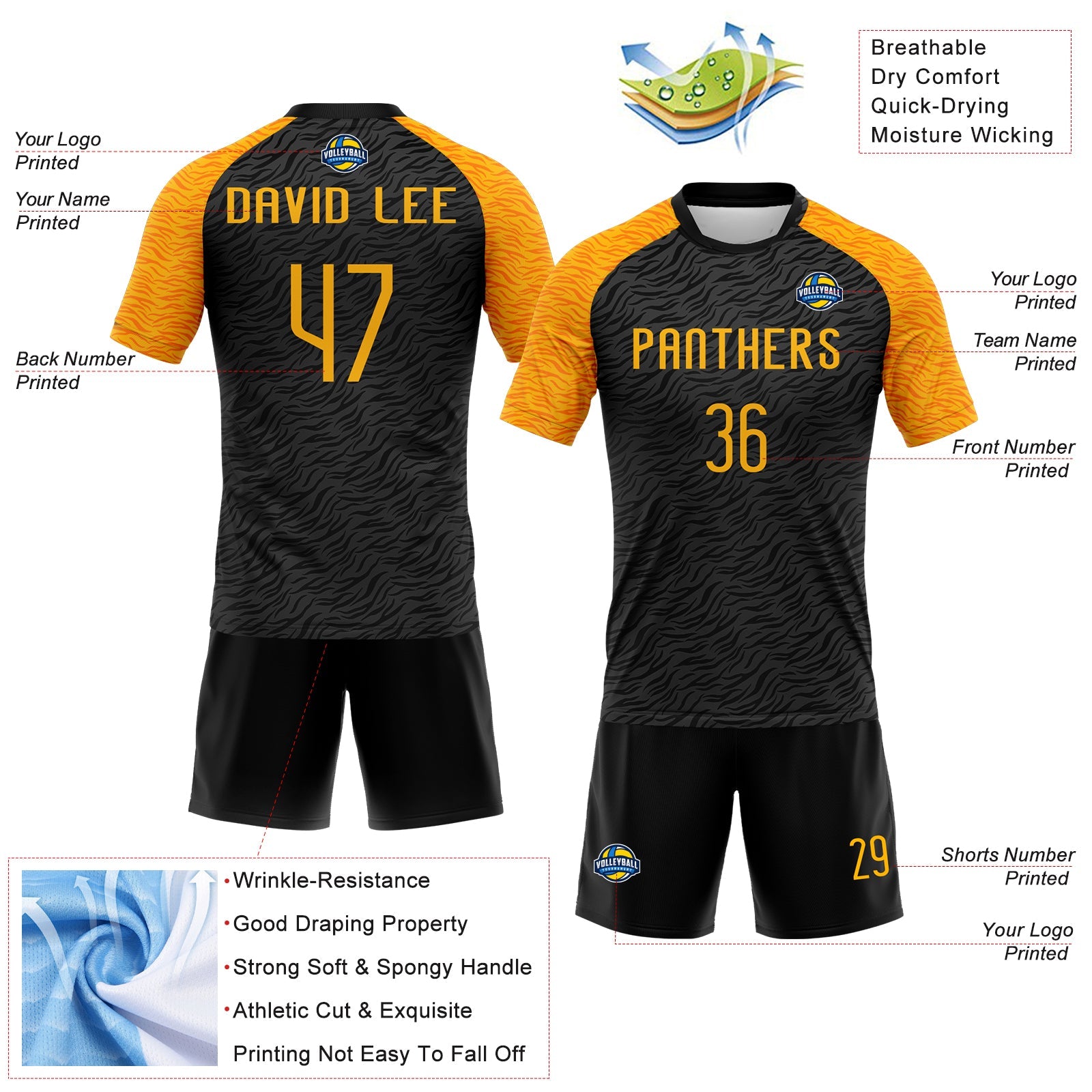 Custom Black Gold Animal Print Sublimation Volleyball Uniform Jersey view 4