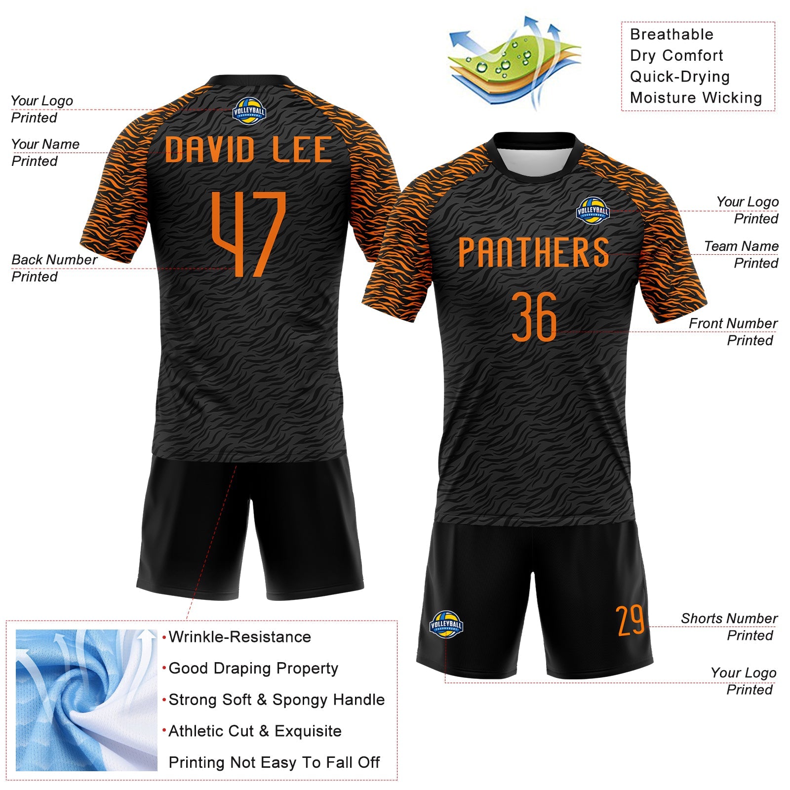 Custom Black Bay Orange Animal Print Sublimation Volleyball Uniform Jersey view 4