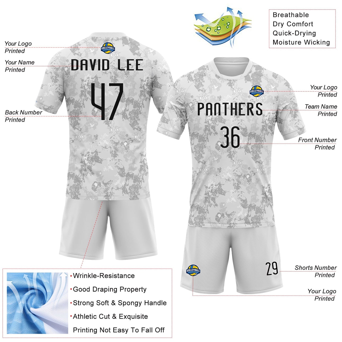Custom White Black-Gray Abstract Shape Sublimation Volleyball Uniform Jersey view 4