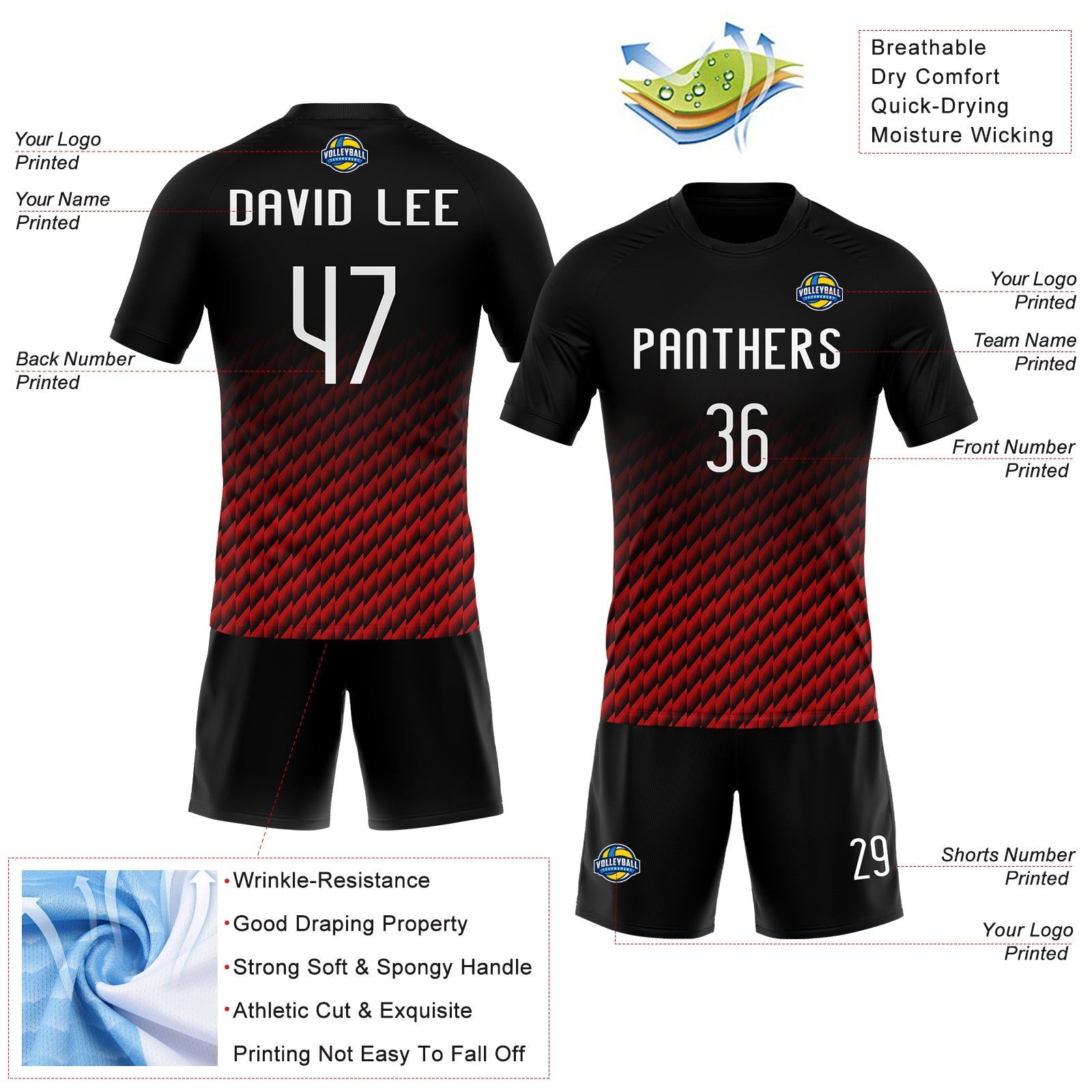 Custom Black White-Red Geometric Shape Sublimation Volleyball Uniform Jersey view 4