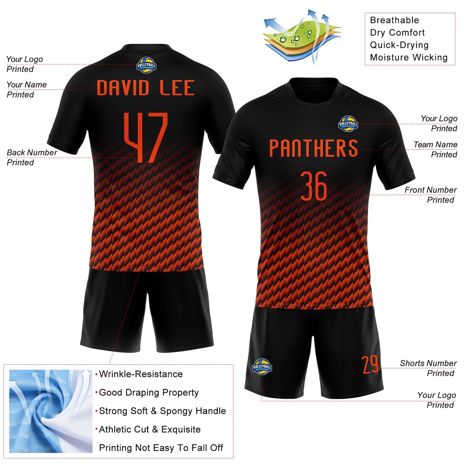 Custom Black Orange Geometric Shape Sublimation Volleyball Uniform Jersey view 4