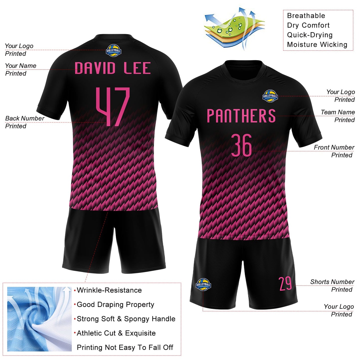 Custom Black Pink Geometric Shape Sublimation Volleyball Uniform Jersey view 4