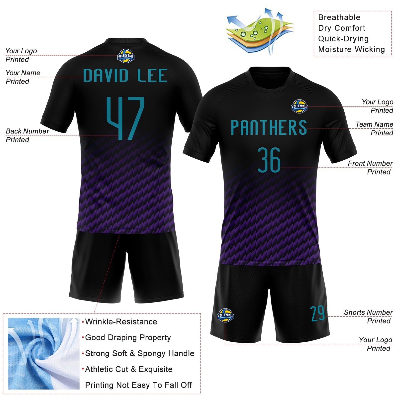Custom Black Teal-Purple Geometric Shape Sublimation Volleyball Uniform Jersey view 4