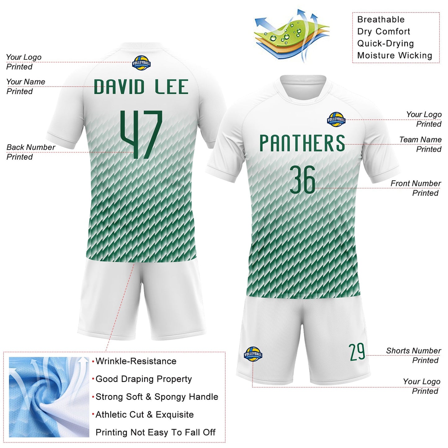 Custom White Kelly Green Geometric Shape Sublimation Volleyball Uniform Jersey view 4