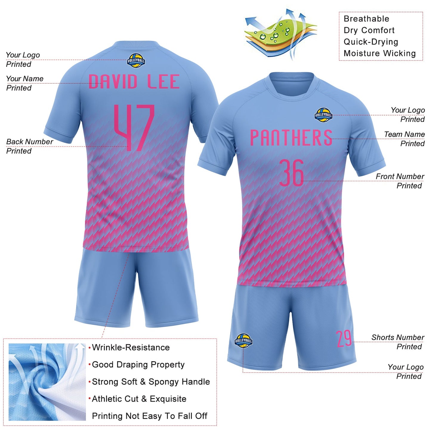 Custom Light Blue Pink Geometric Shape Sublimation Volleyball Uniform Jersey view 4