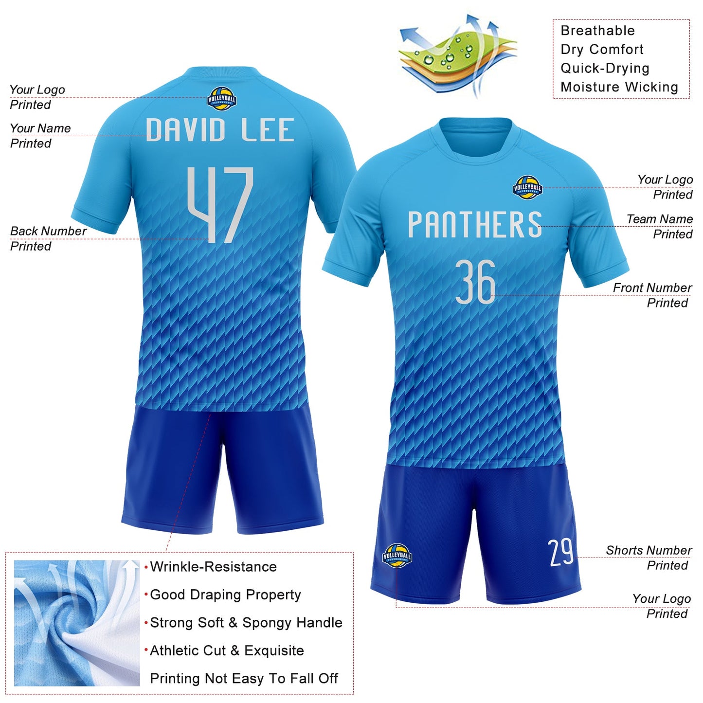 Custom Sky Blue White-Thunder Blue Geometric Shape Sublimation Volleyball Uniform Jersey view 4