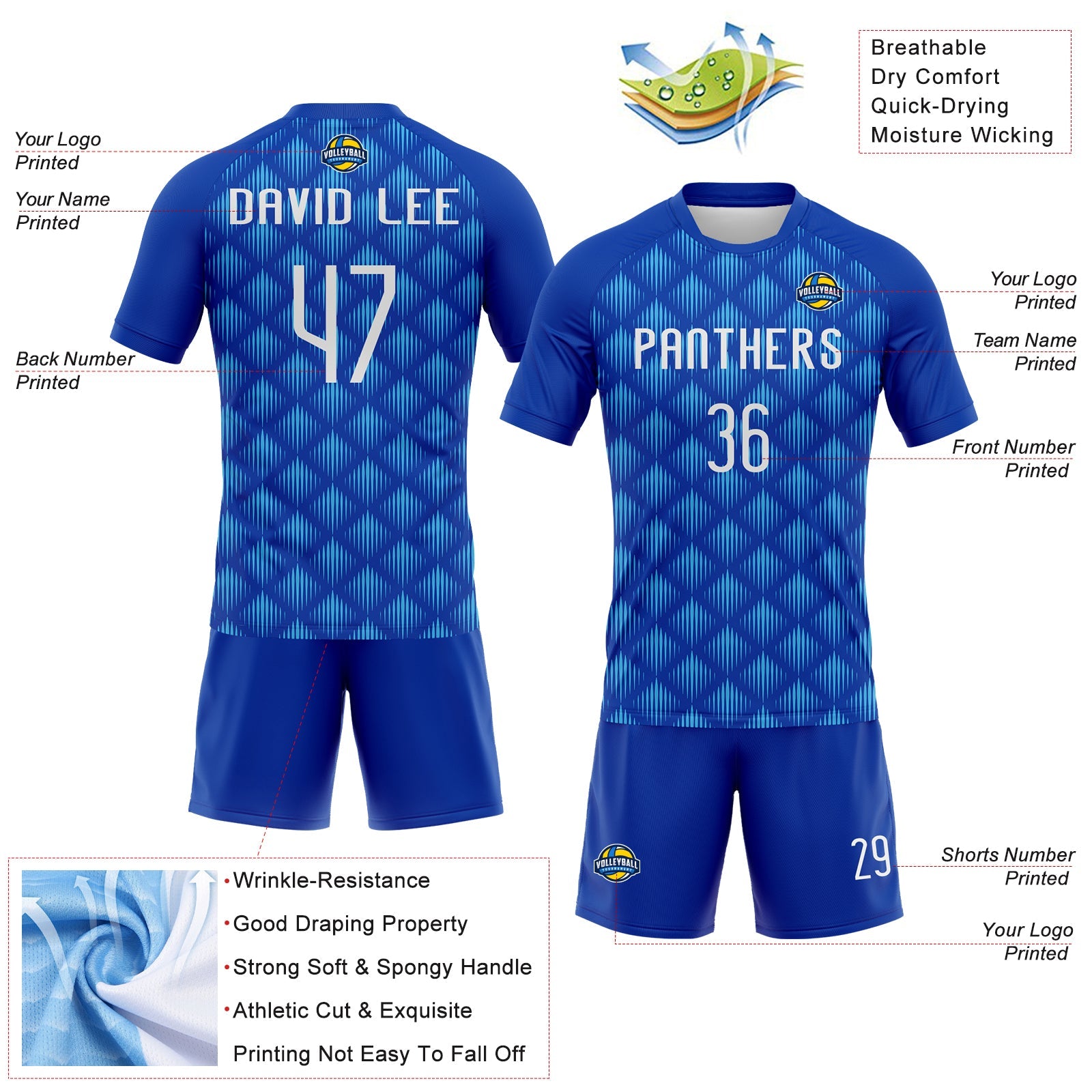 Custom Thunder Blue White-Sky Blue Geometric Shape Sublimation Volleyball Uniform Jersey view 4