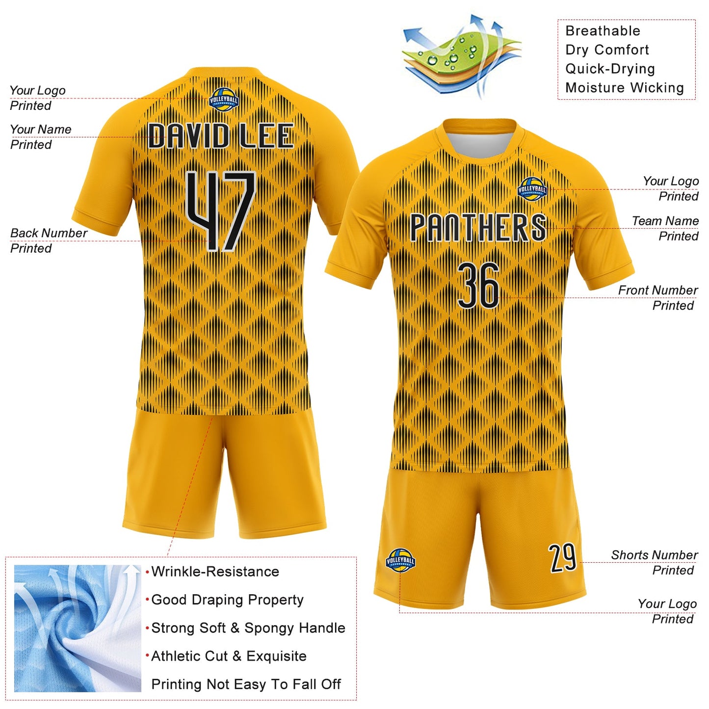 Custom Gold Black-White Geometric Shape Sublimation Volleyball Uniform Jersey view 4
