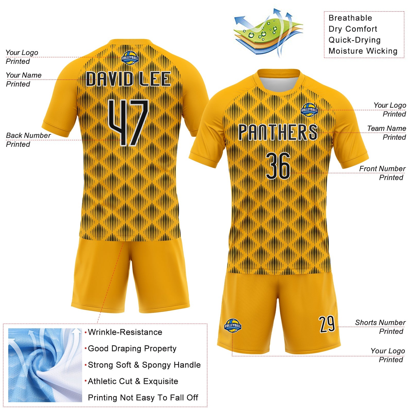 Custom Gold Black-White Geometric Shape Sublimation Volleyball Uniform Jersey view 4
