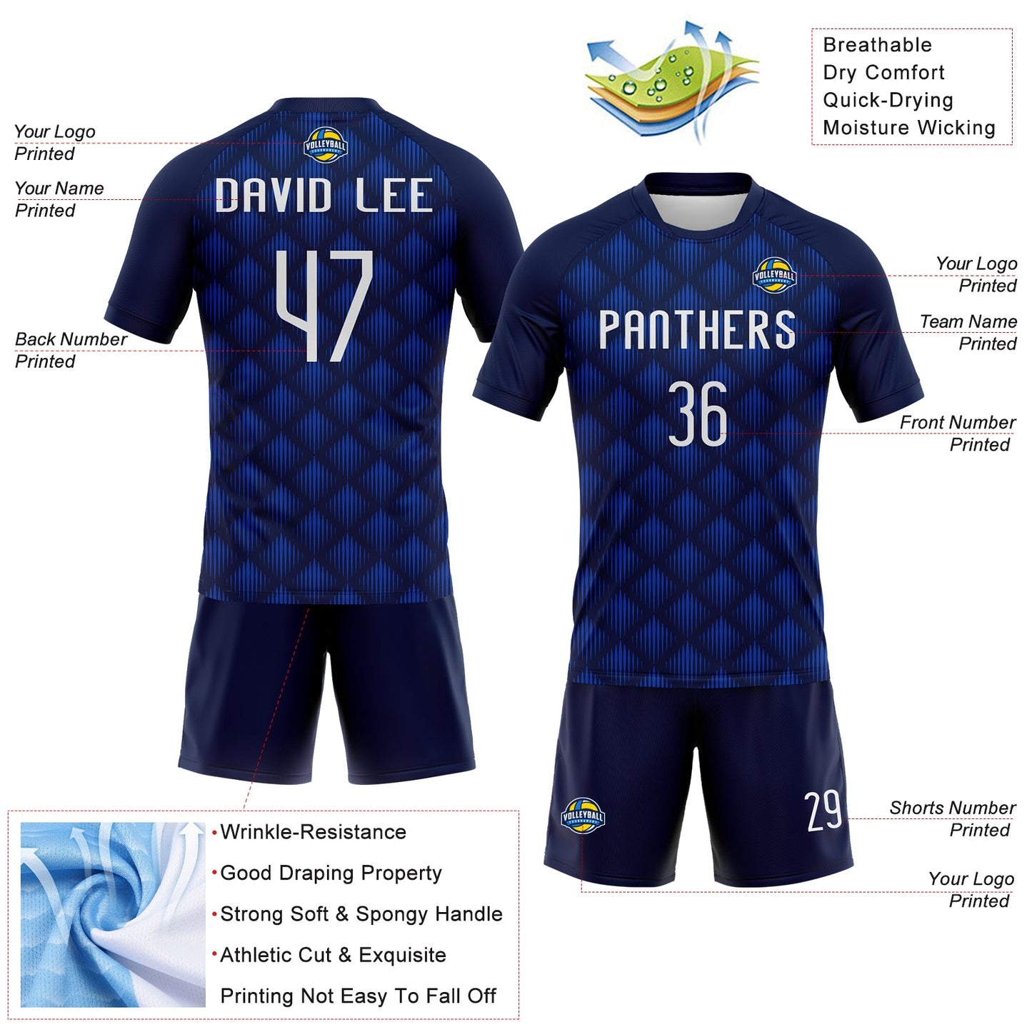 Custom Navy White-Thunder Blue Geometric Shape Sublimation Volleyball Uniform Jersey view 4