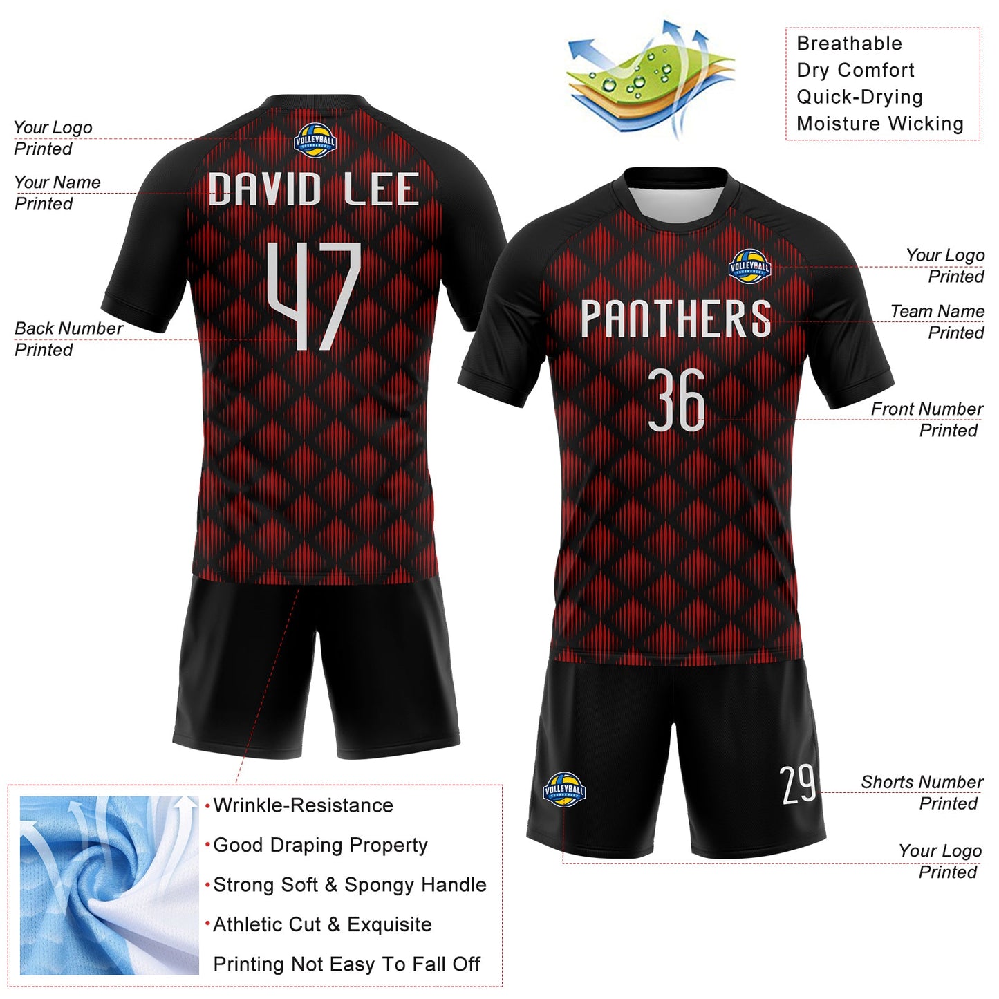 Custom Black White-Red Geometric Shape Sublimation Volleyball Uniform Jersey view 4