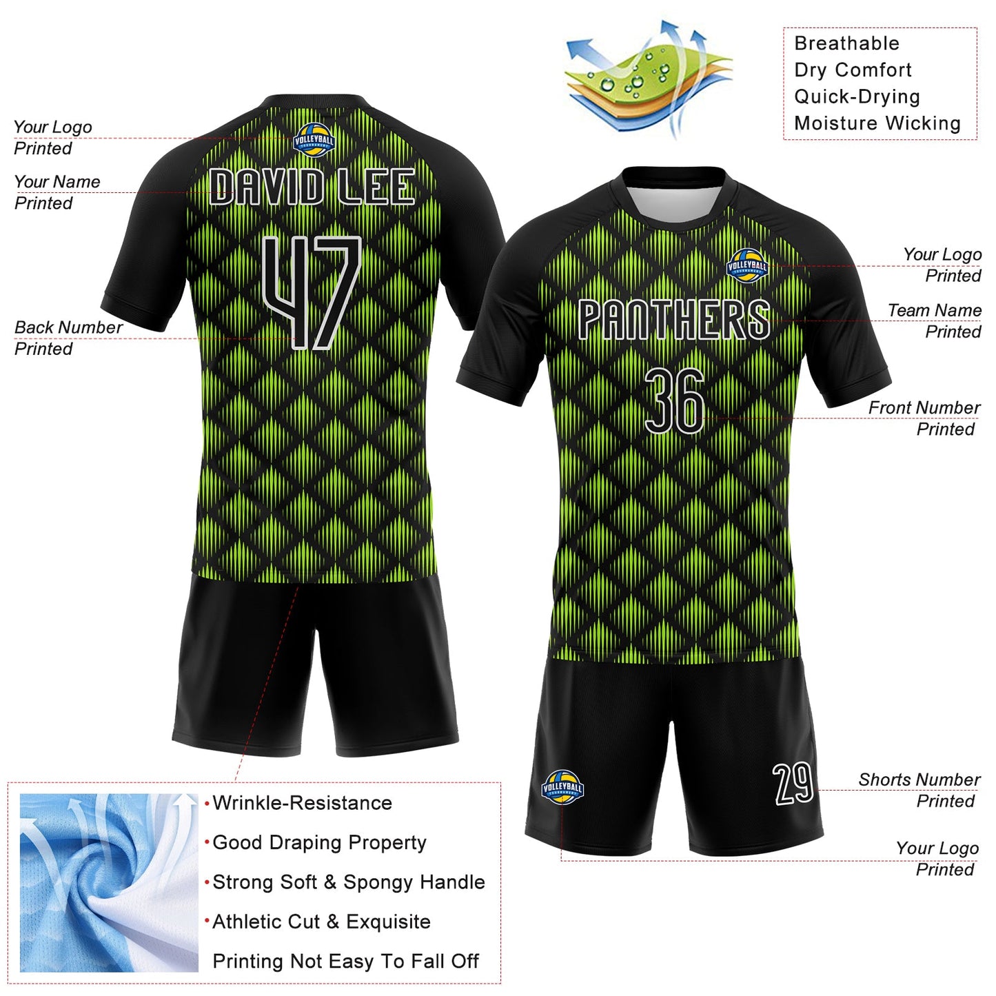 Custom Black White-Neon Green Geometric Shape Sublimation Volleyball Uniform Jersey view 4