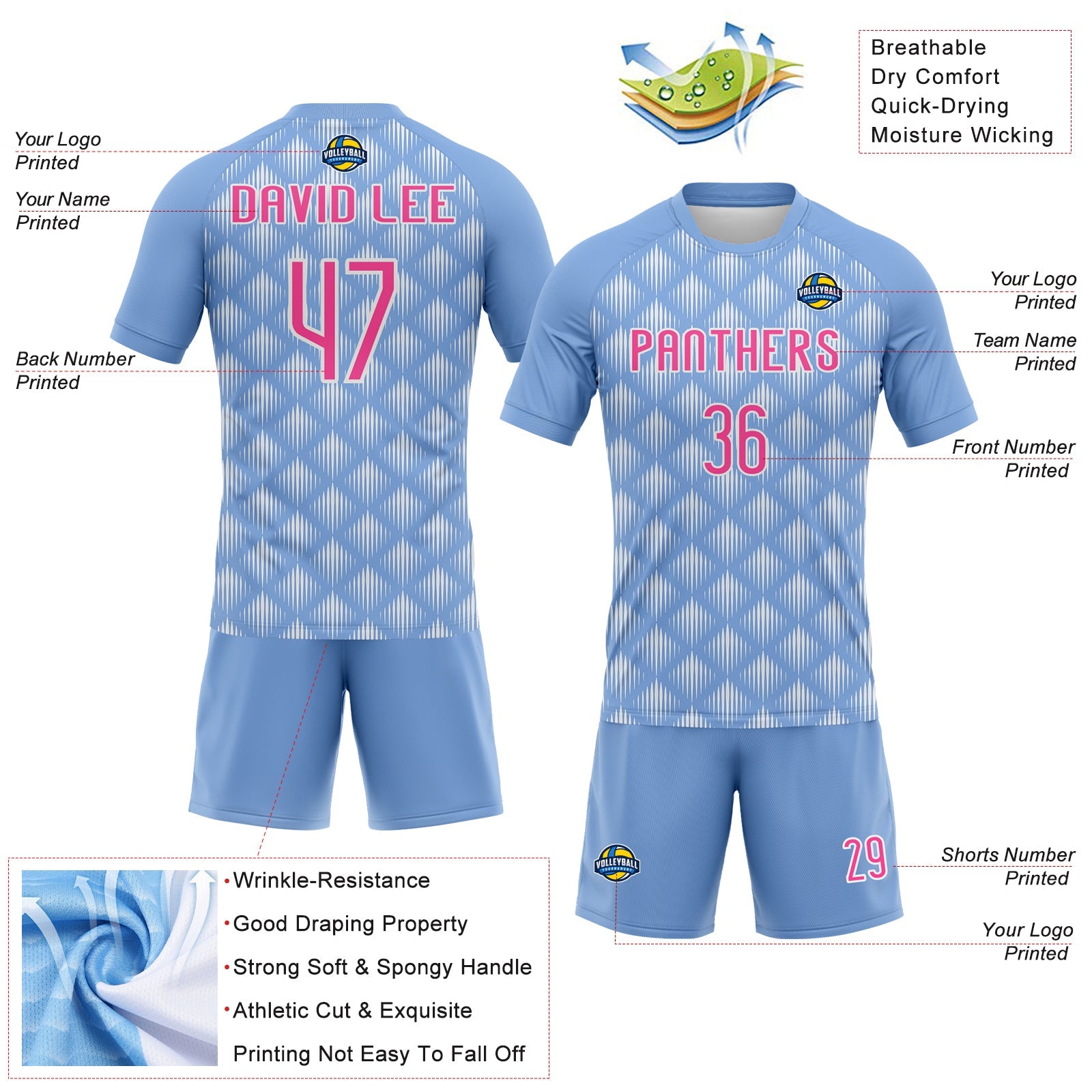 Custom Light Blue Pink-White Geometric Shape Sublimation Volleyball Uniform Jersey view 4