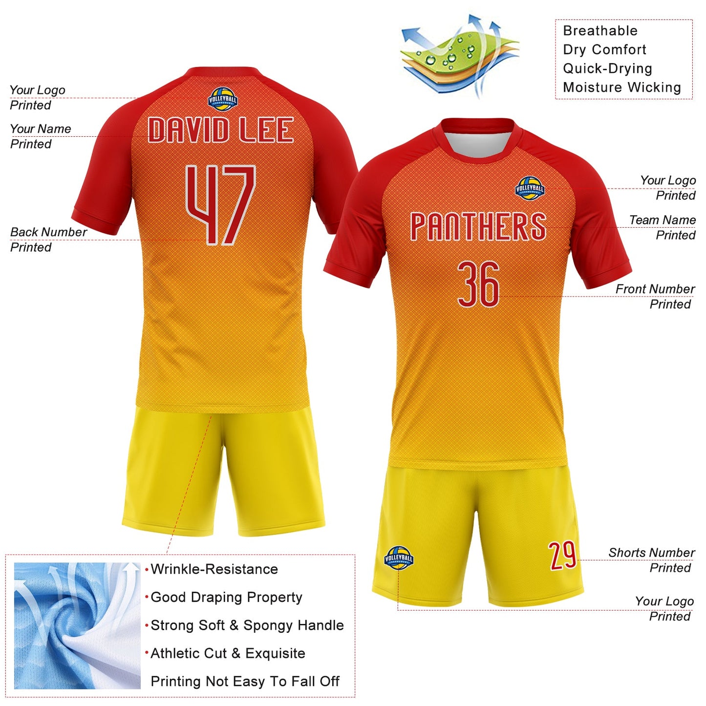 Custom Yellow Red-White Geometric Shape Sublimation Volleyball Uniform Jersey view 4