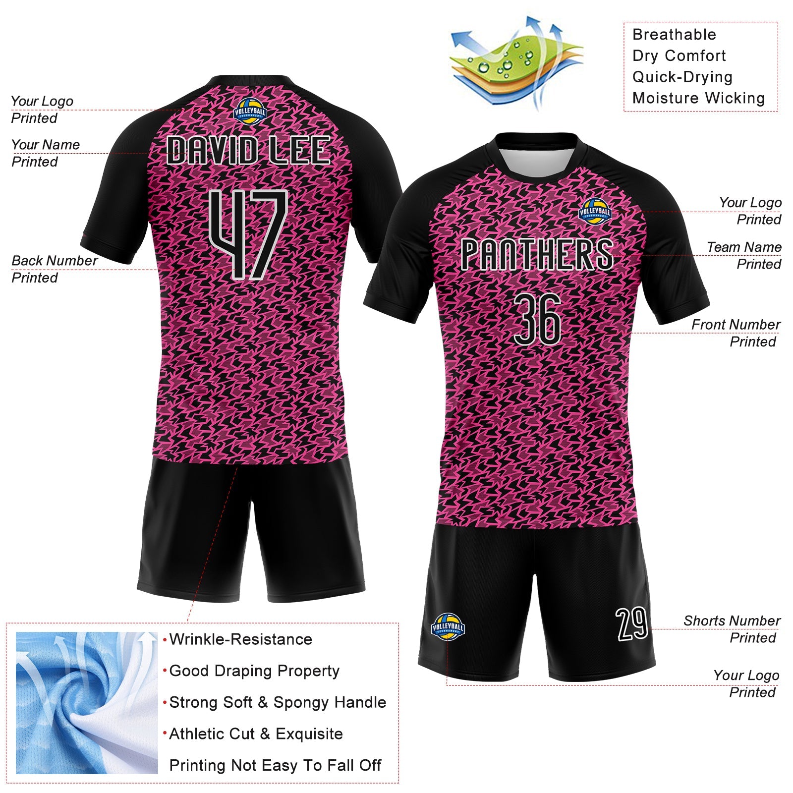 Custom Pink Black-White Geometric Shape Sublimation Volleyball Uniform Jersey view 4