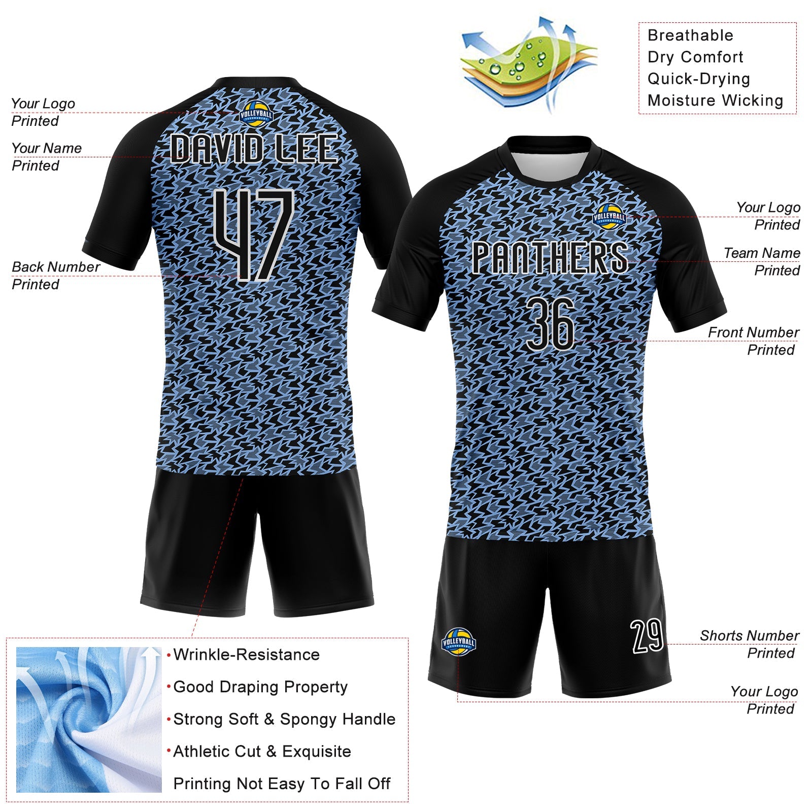 Custom Light Blue Black-White Geometric Shape Sublimation Volleyball Uniform Jersey view 4