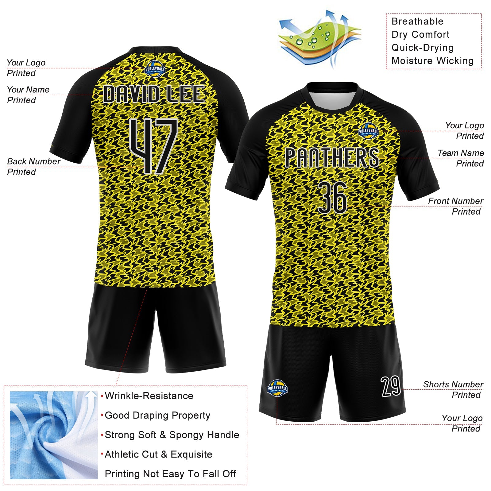 Custom Light Yellow Black-White Geometric Shape Sublimation Volleyball Uniform Jersey view 4