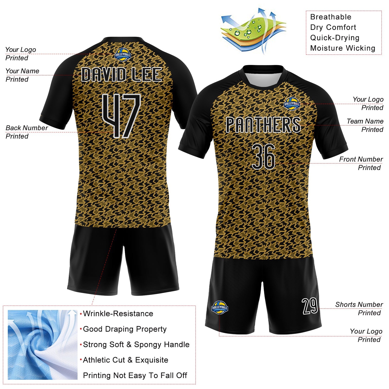 Custom Old Gold Black-White Geometric Shape Sublimation Volleyball Uniform Jersey view 4