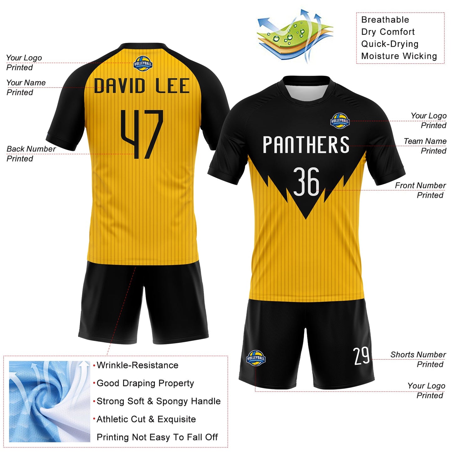 Custom Yellow White-Black Line Sublimation Volleyball Uniform Jersey view 4