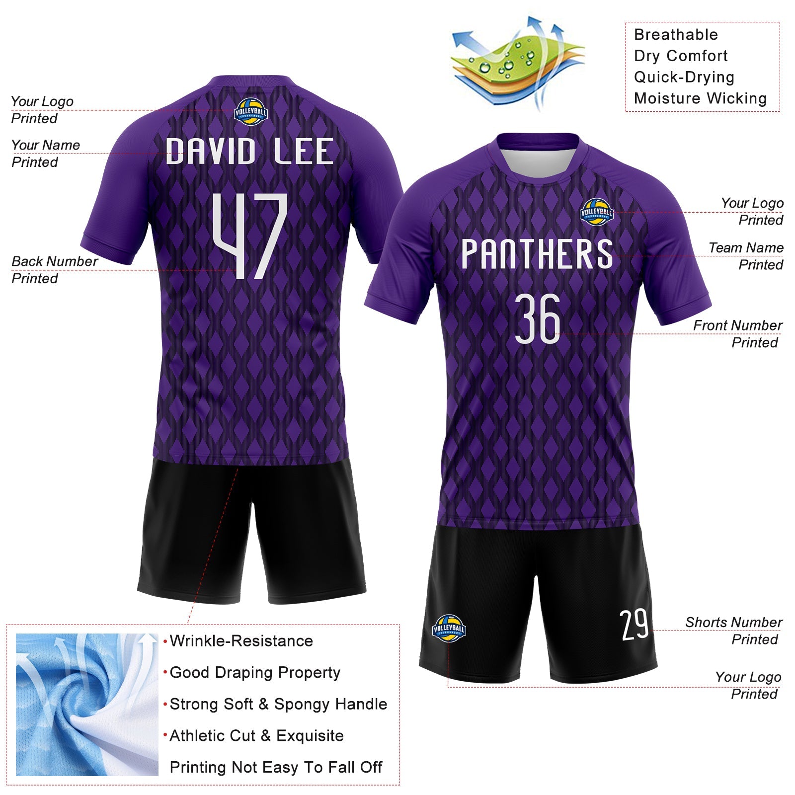 Custom Purple White-Black Geometric Shape Sublimation Volleyball Uniform Jersey view 4