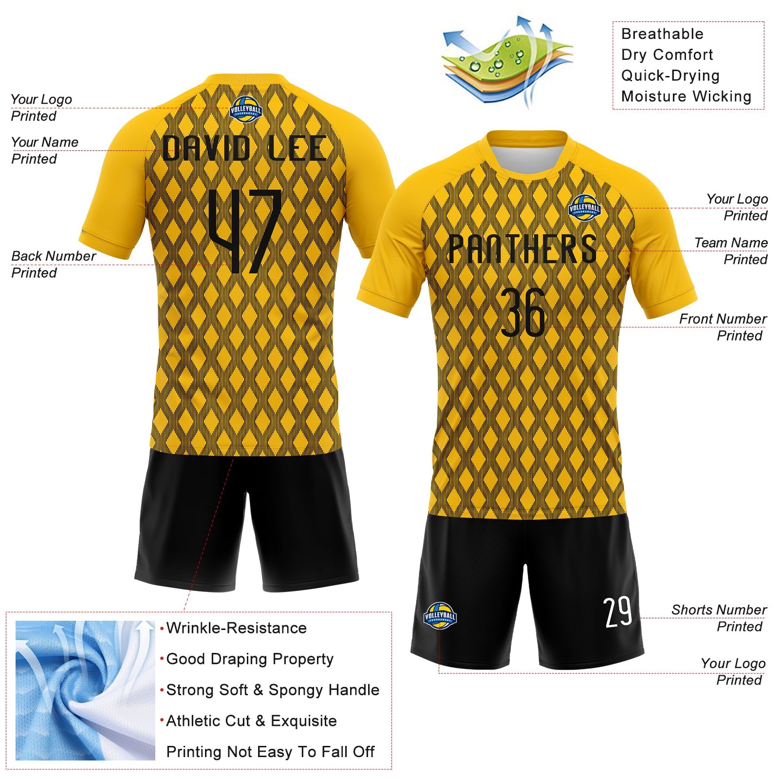 Custom Yellow Black-White Geometric Shape Sublimation Volleyball Uniform Jersey view 4
