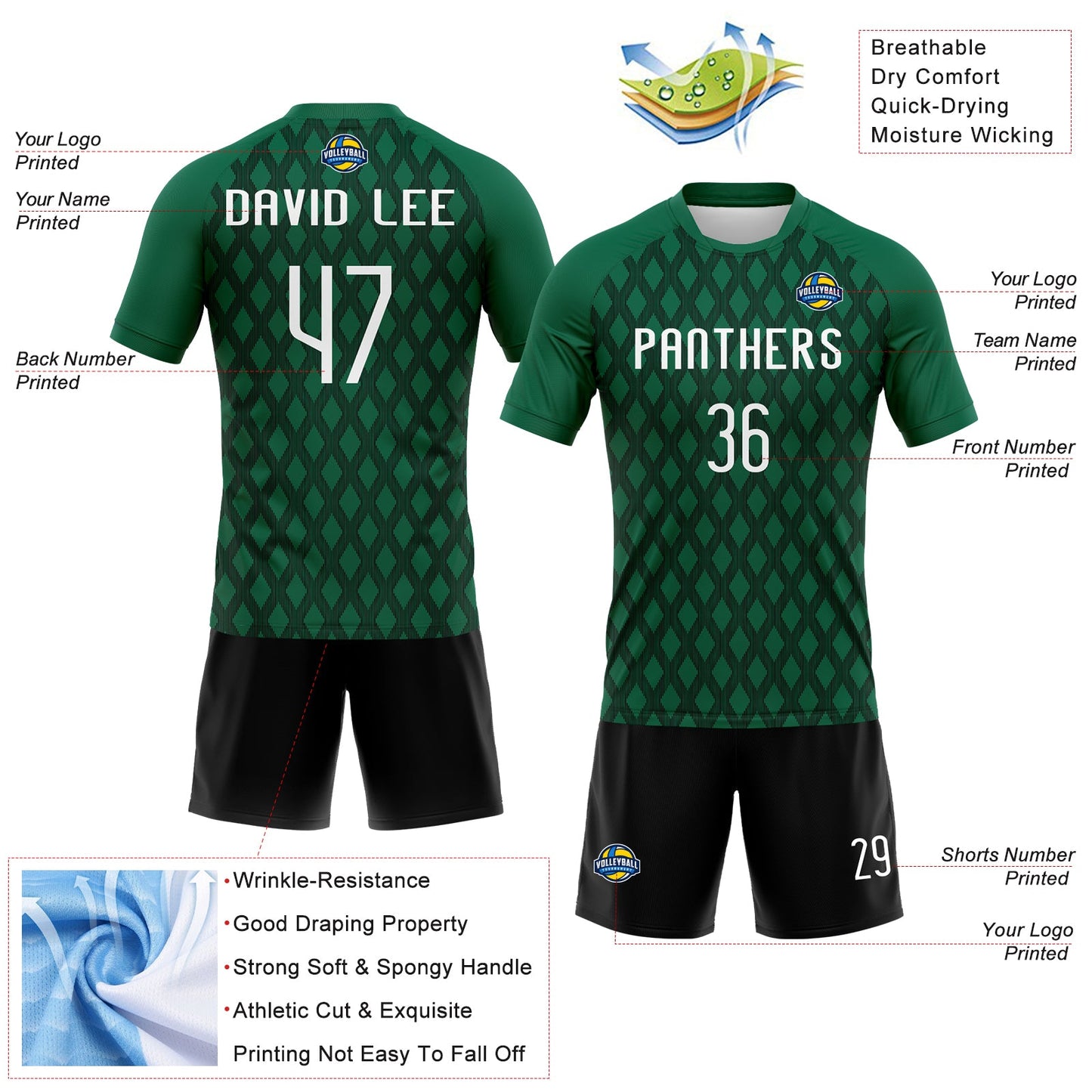 Custom Kelly Green White-Black Geometric Shape Sublimation Volleyball Uniform Jersey view 4