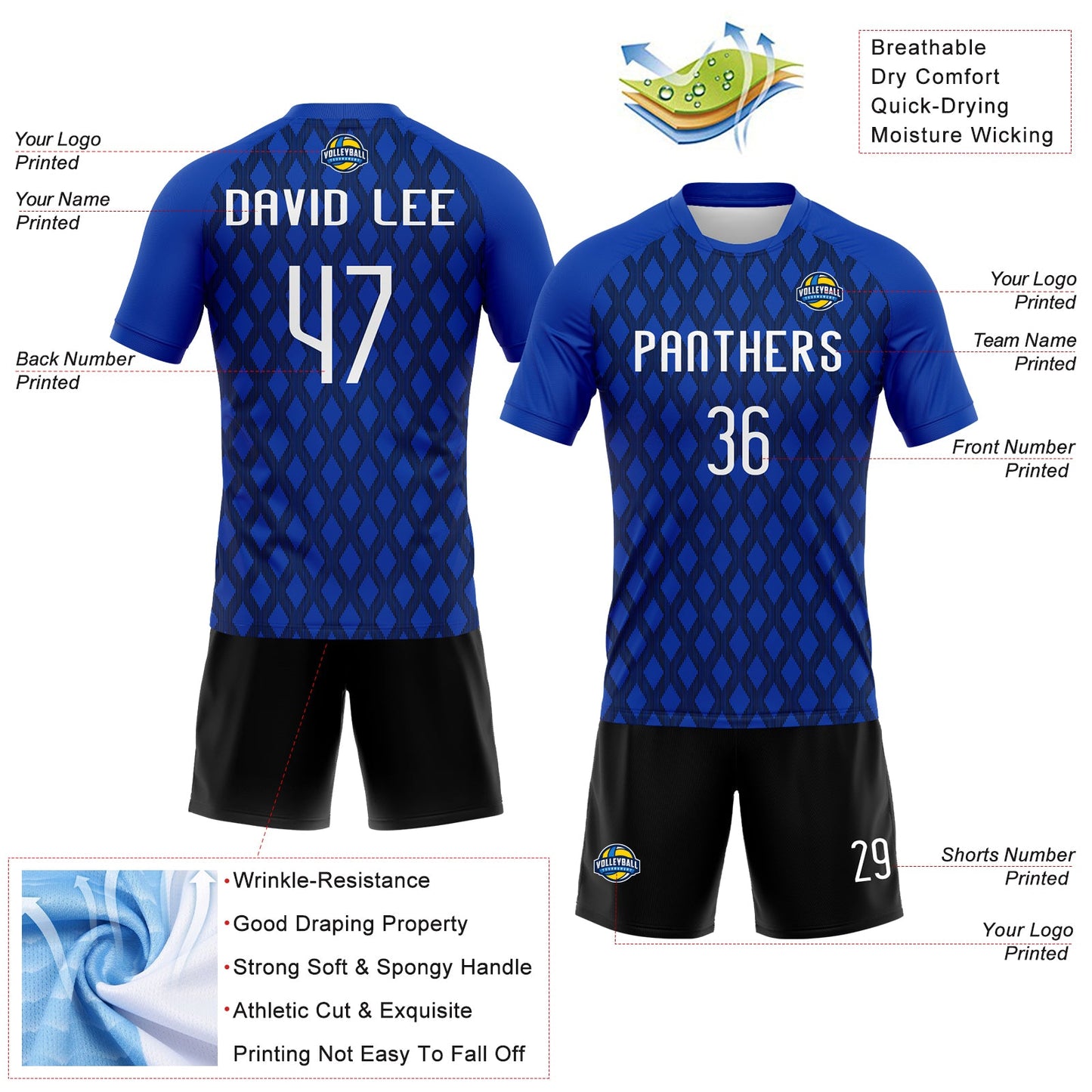 Custom Thunder Blue White-Black Geometric Shape Sublimation Volleyball Uniform Jersey view 4