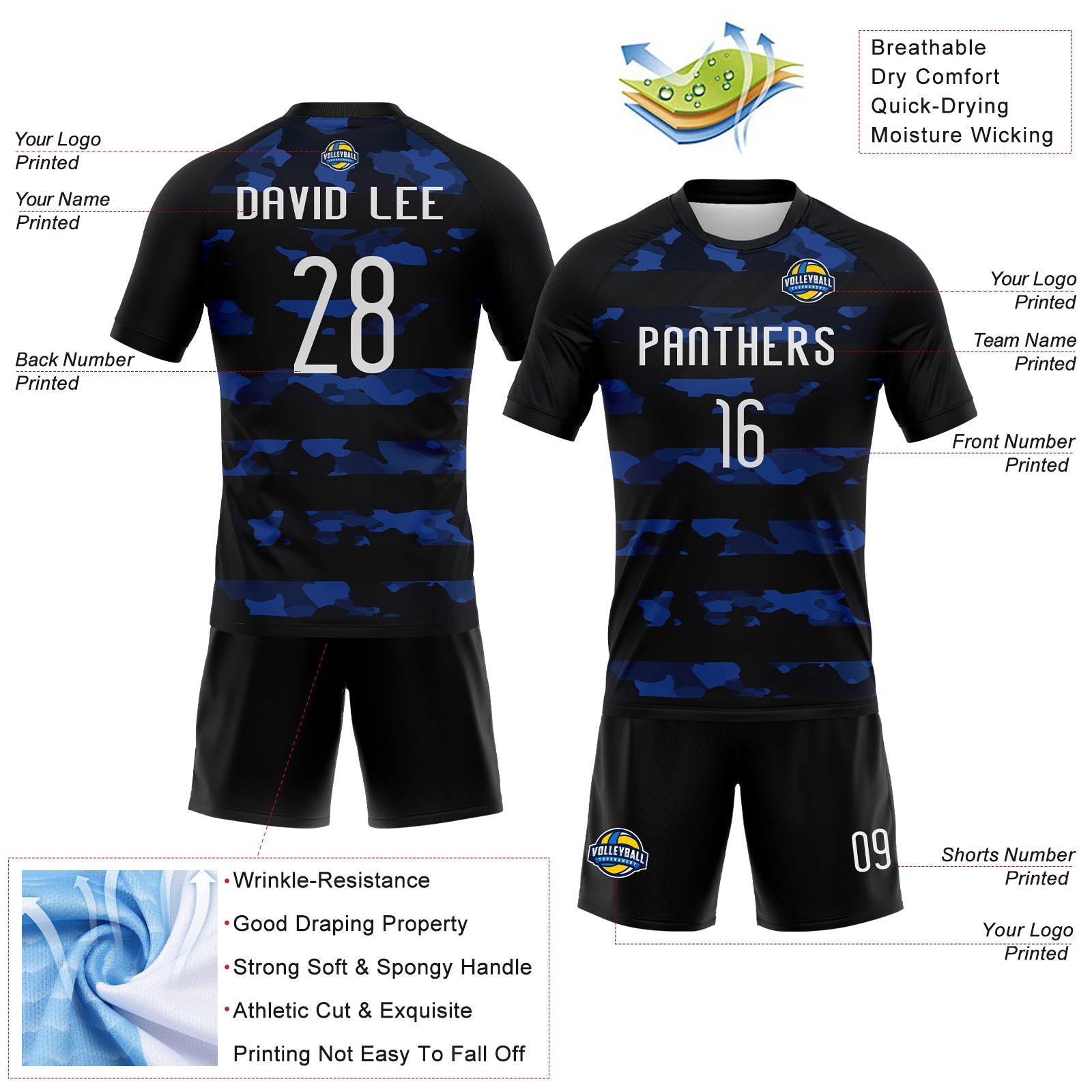 Custom Black White Camo Shape Sublimation Volleyball Uniform Jersey view 4