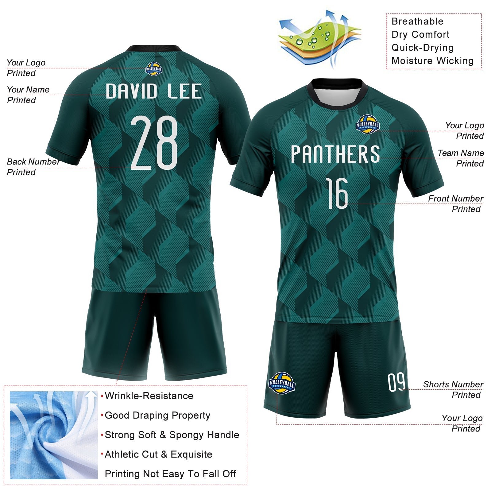 Custom Midnight Green White-Black Geometric Shape Sublimation Volleyball Uniform Jersey view 4