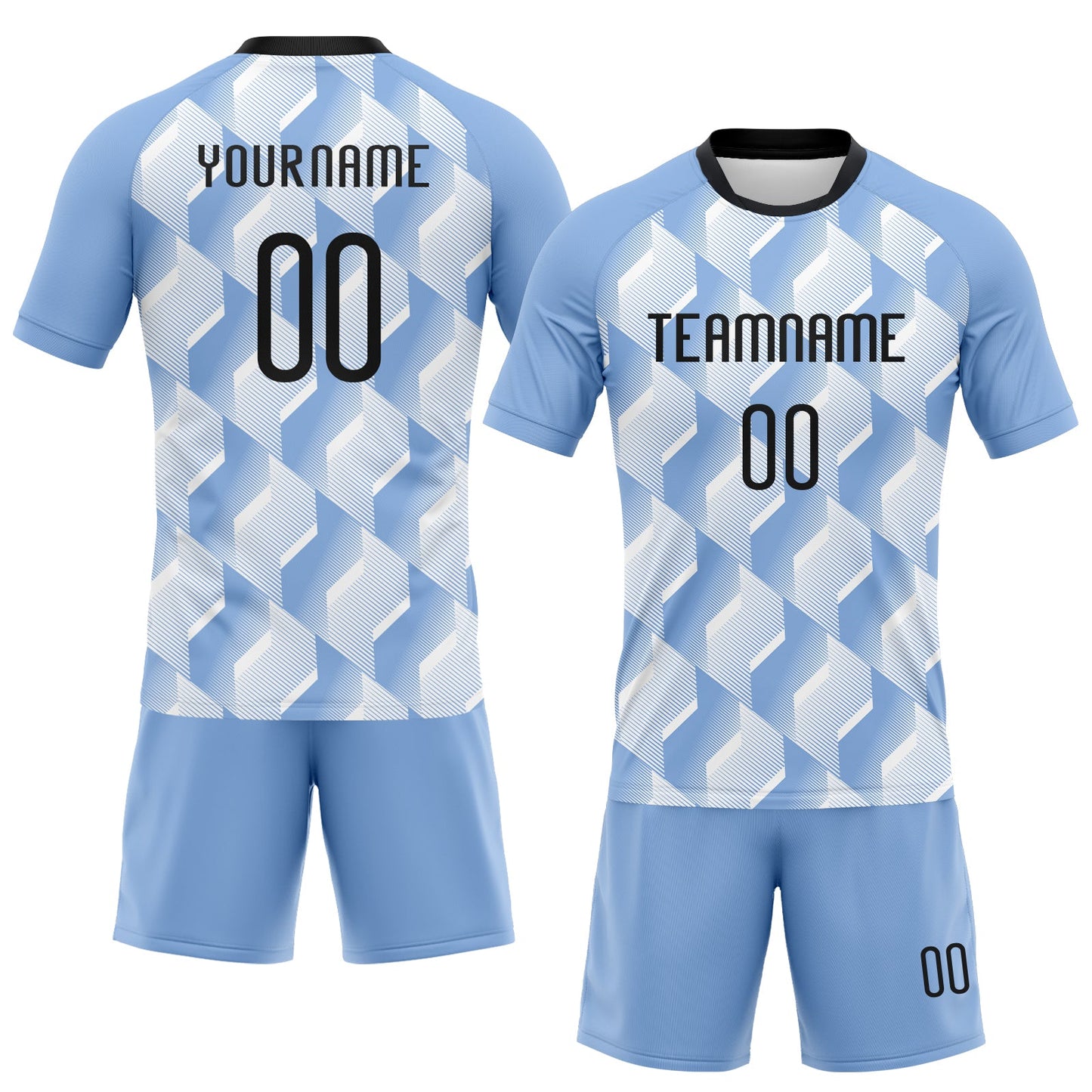 Custom Light Blue Black-White Geometric Shape Sublimation Volleyball Uniform Jersey view 2