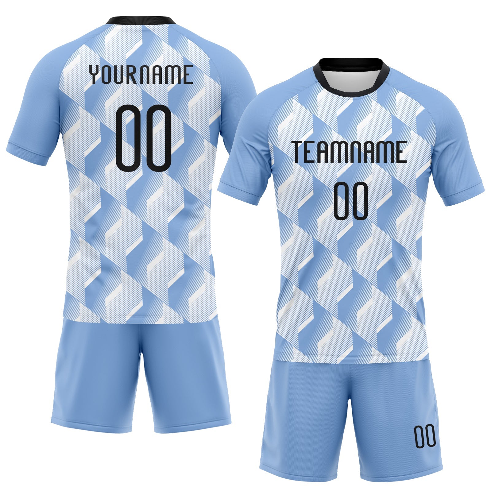 Custom Light Blue Black-White Geometric Shape Sublimation Volleyball Uniform Jersey view 2