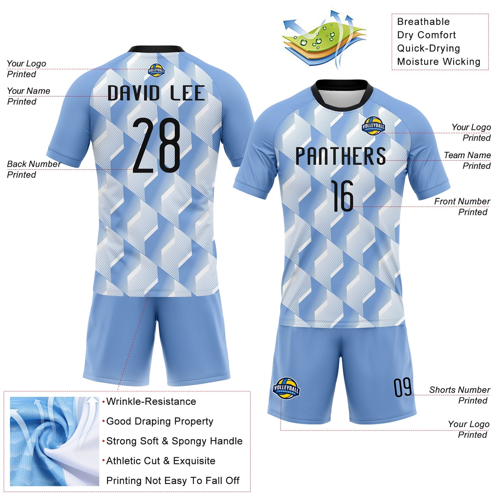 Custom Light Blue Black-White Geometric Shape Sublimation Volleyball Uniform Jersey view 4