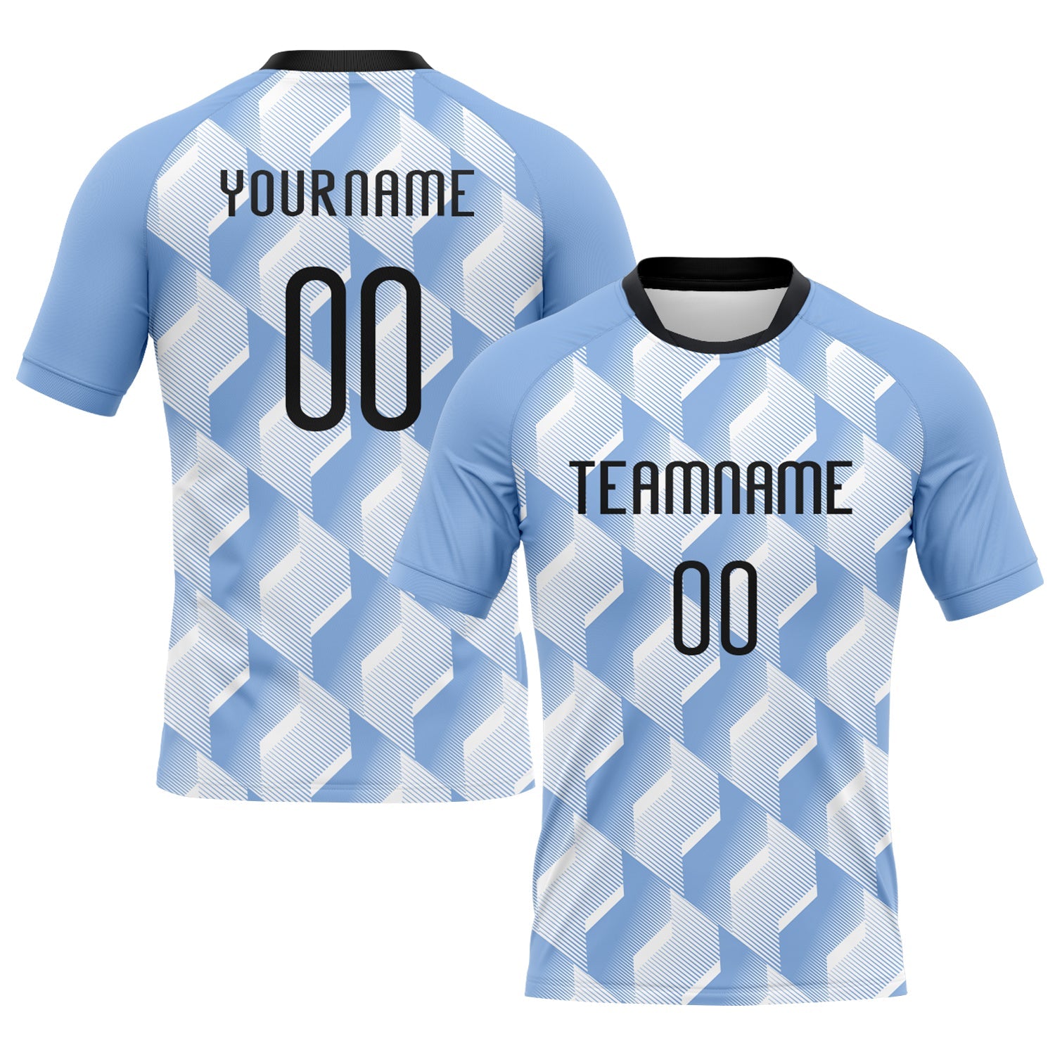 Custom Light Blue Black-White Geometric Shape Sublimation Volleyball Uniform Jersey - Main View