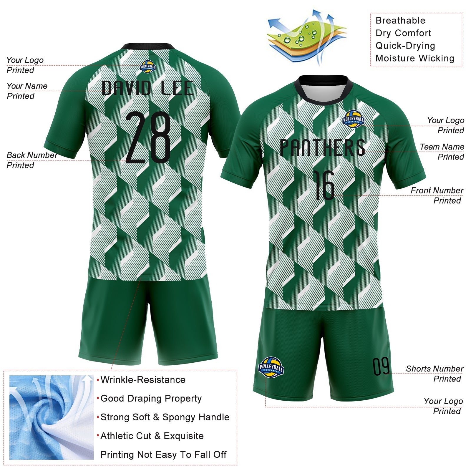 Custom Kelly Green Black-White Geometric Shape Sublimation Volleyball Uniform Jersey view 4