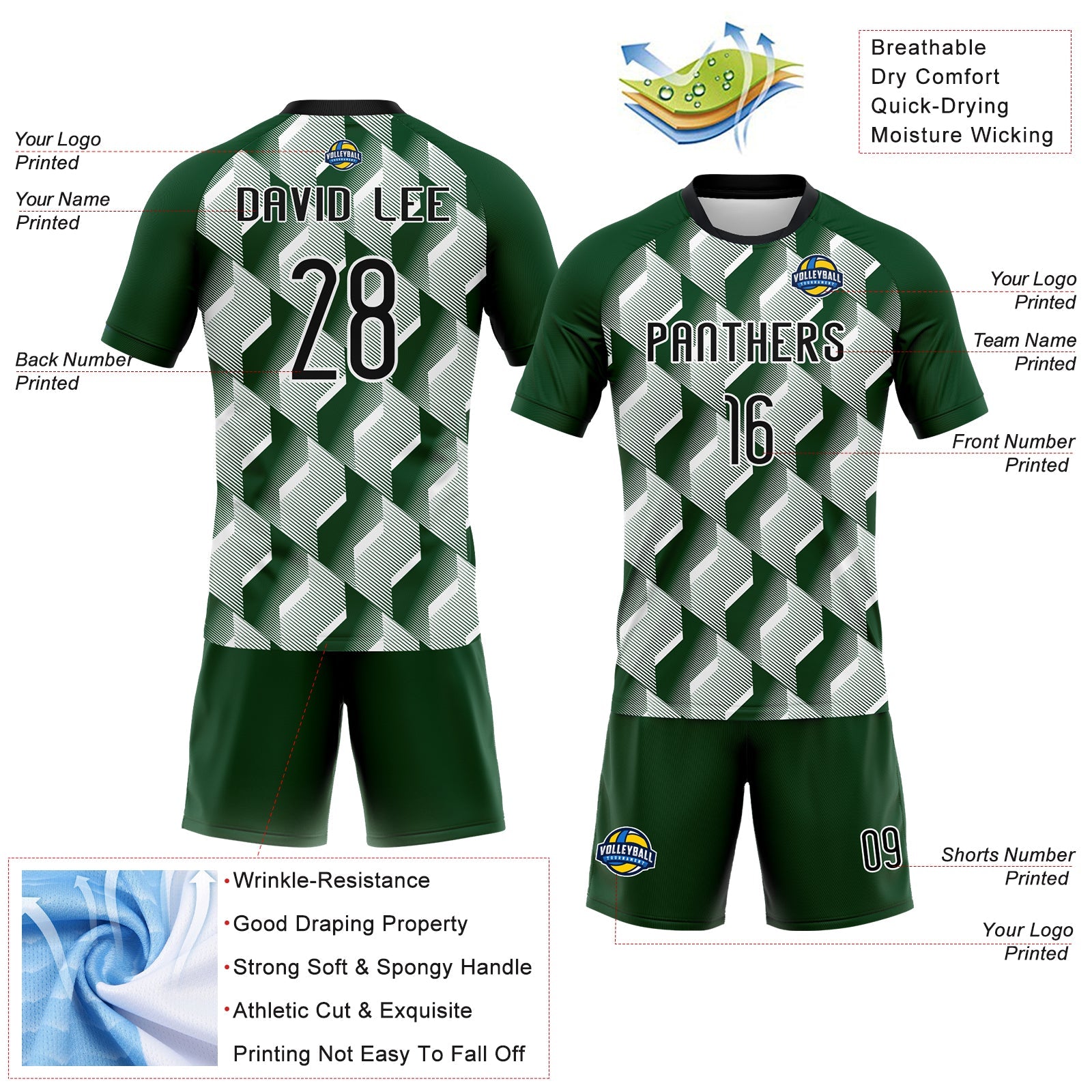 Custom Green Black-White Geometric Shape Sublimation Volleyball Uniform Jersey view 4