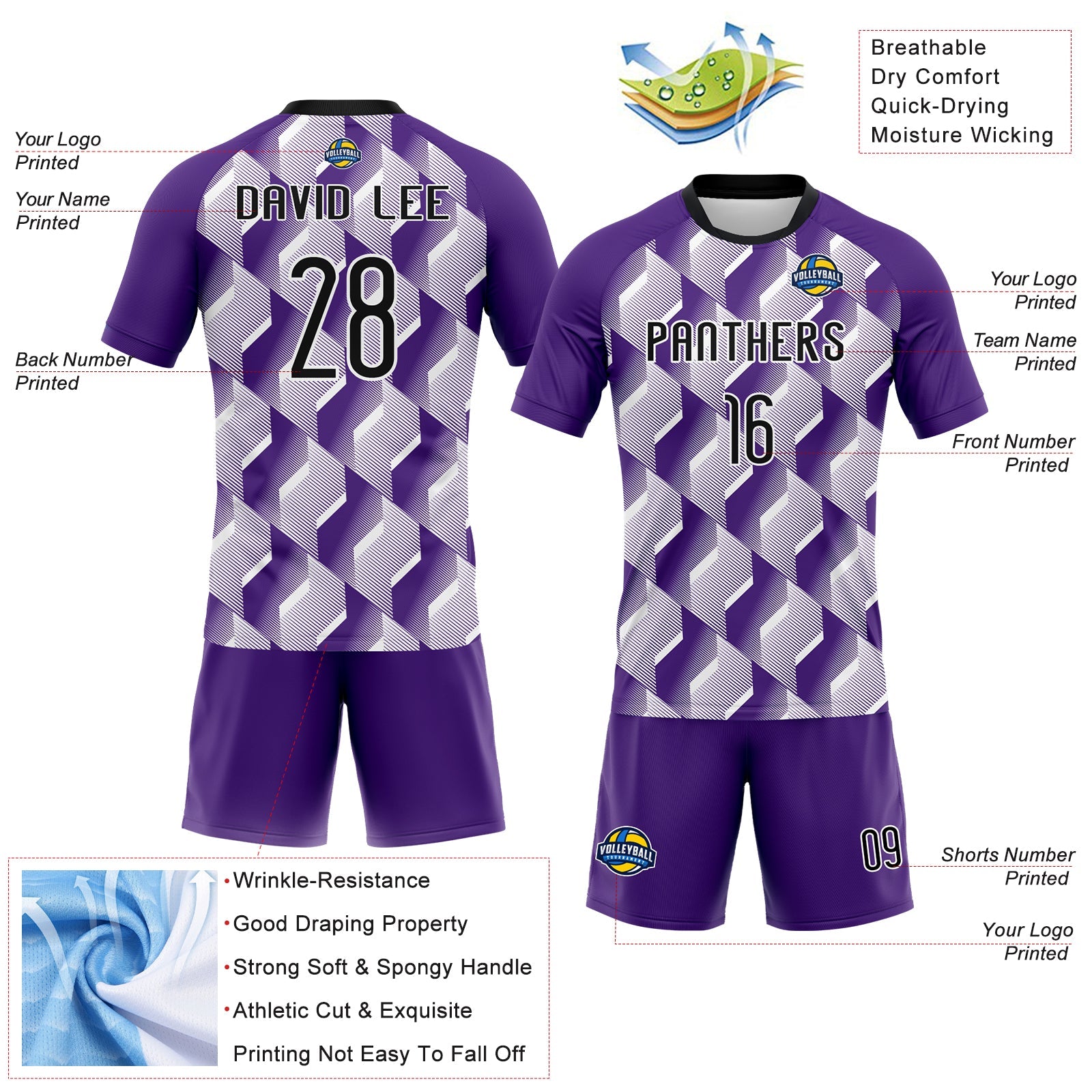 Custom Purple Black-White Geometric Shape Sublimation Volleyball Uniform Jersey view 4