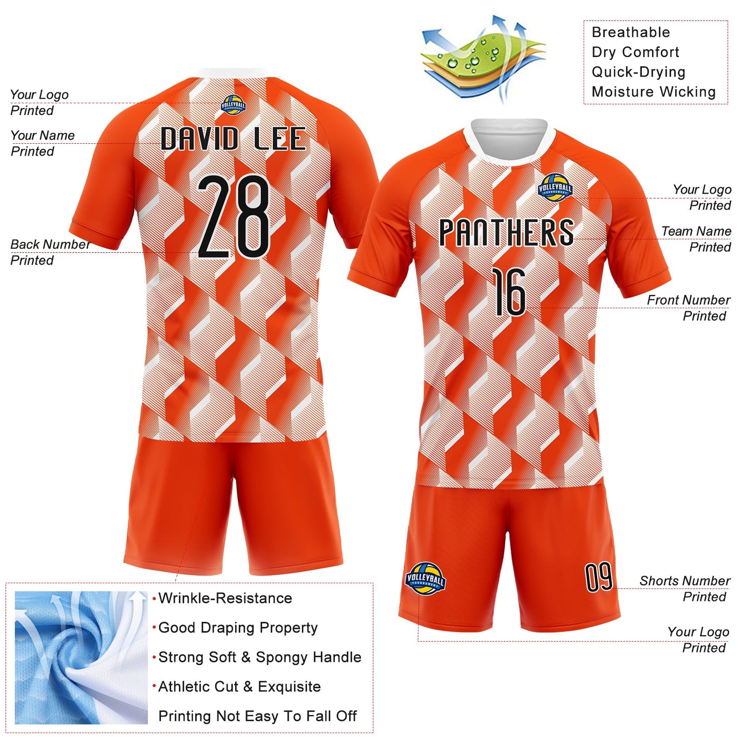 Custom Orange Black-White Geometric Shape Sublimation Volleyball Uniform Jersey view 4